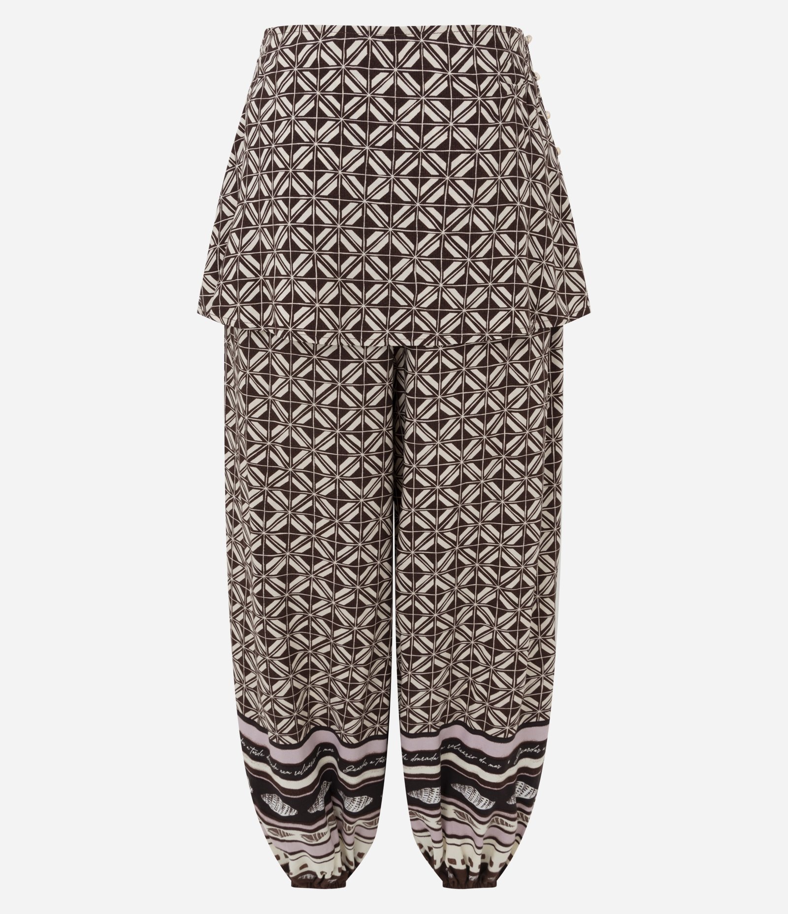 Calça Estampada em Viscose com Sobreposição de Saia Marrom 8