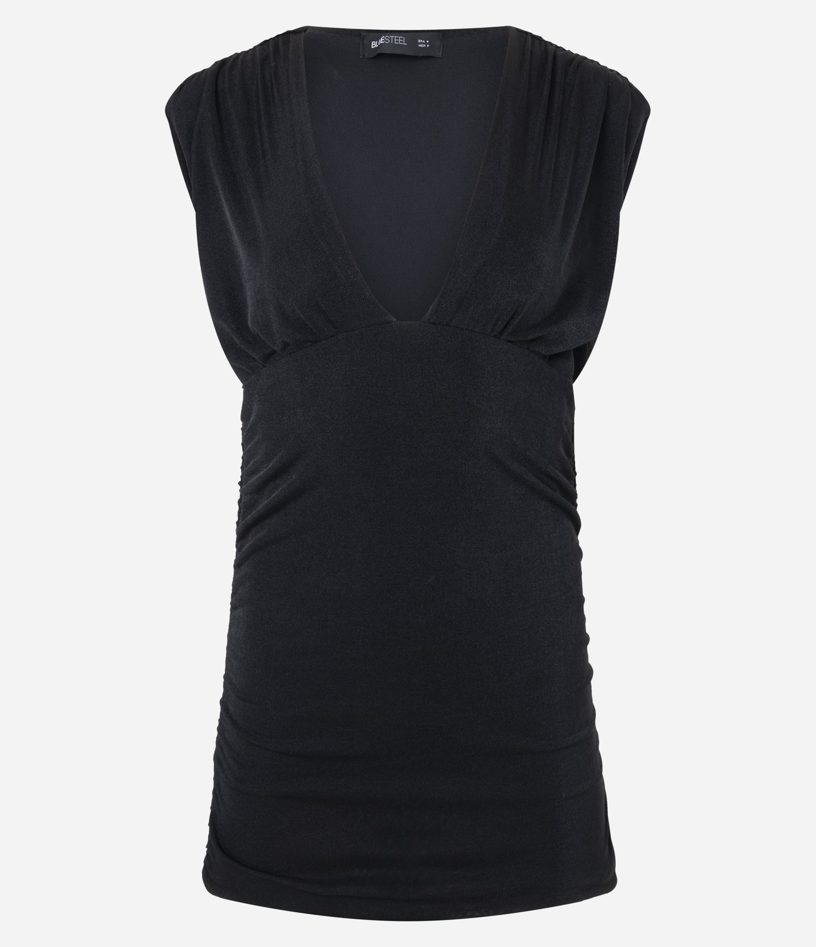 Vestido Curto em Ribana Brilhosa com Decote V e Ombreira Franzida Preto 5