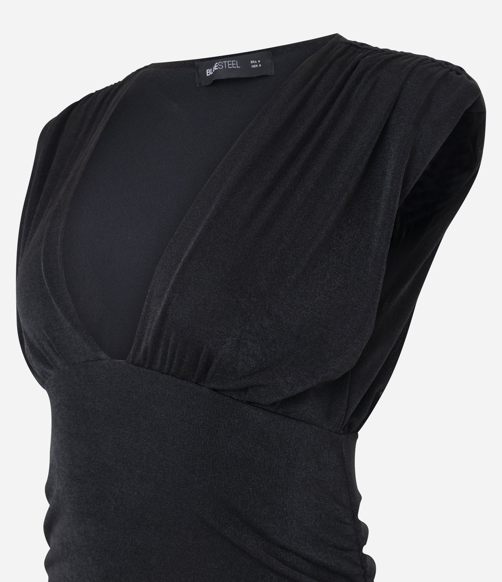 Vestido Curto em Ribana Brilhosa com Decote V e Ombreira Franzida Preto 6