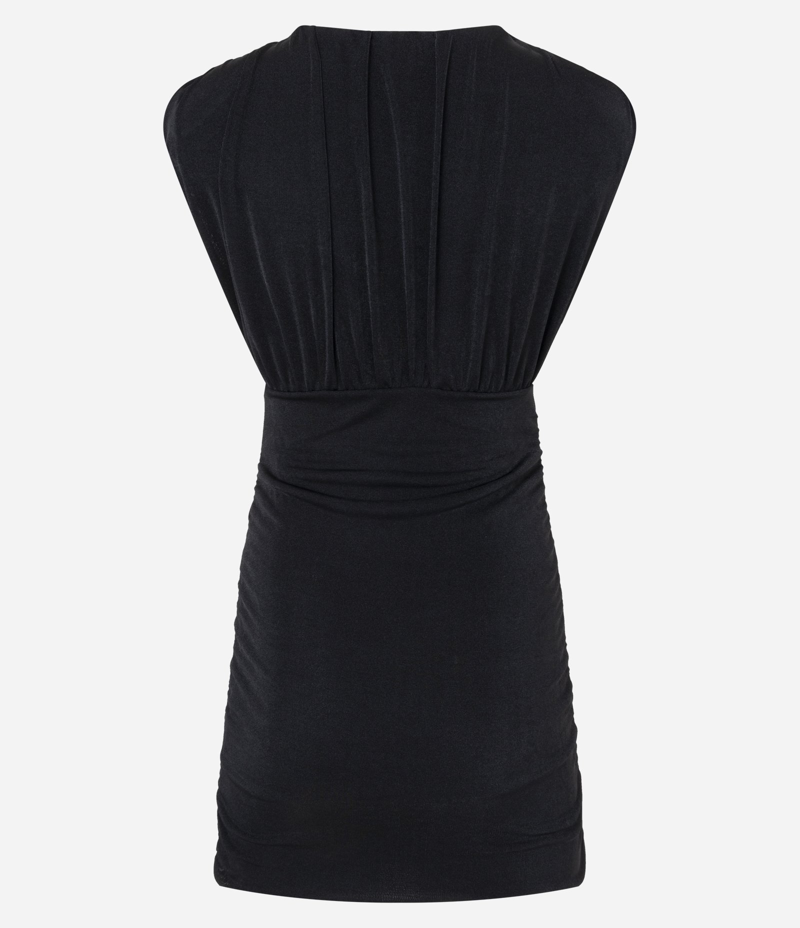 Vestido Curto em Ribana Brilhosa com Decote V e Ombreira Franzida Preto 7