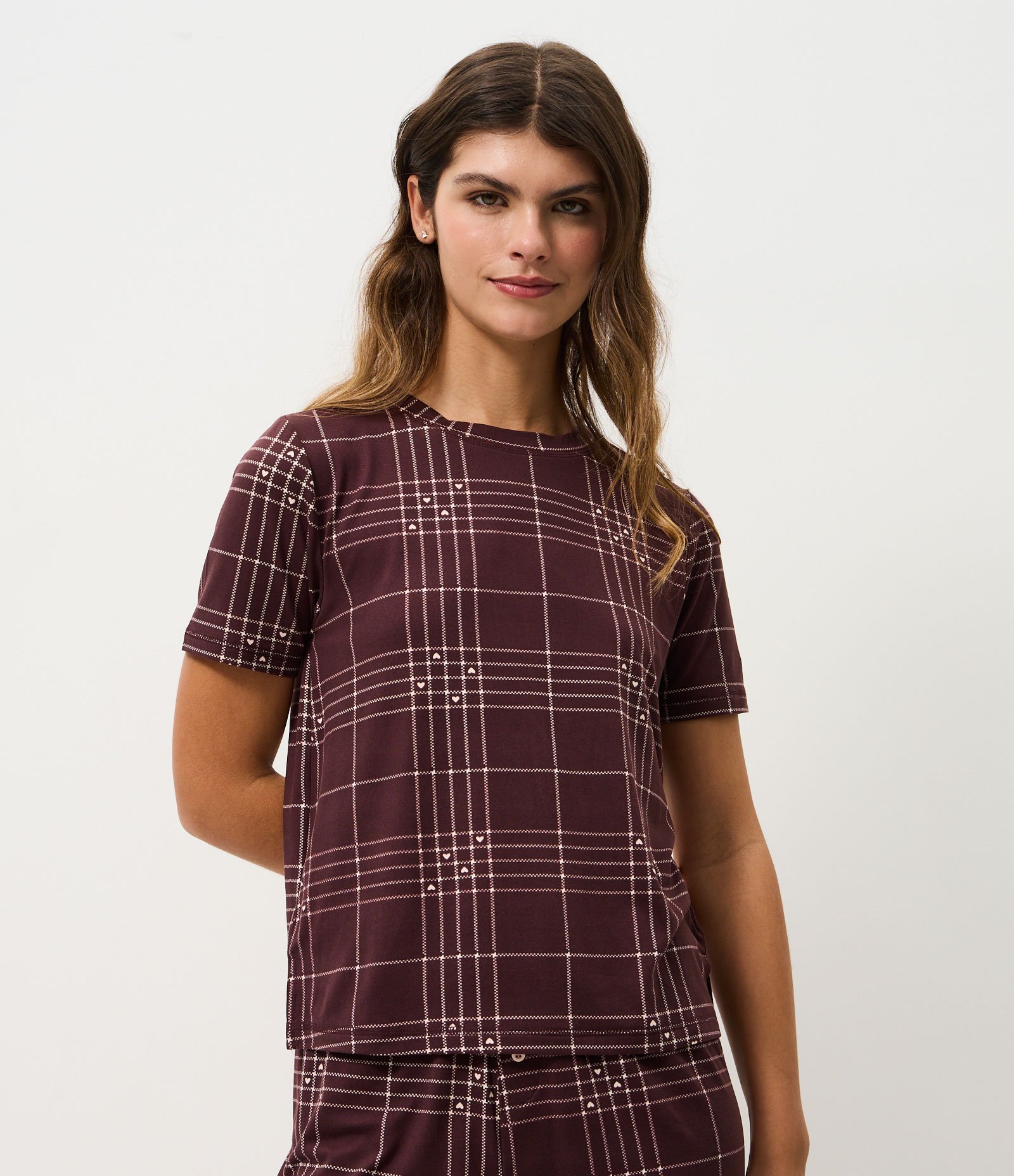 Blusa de Pijama em Peach Touch com Estampa Xadrez Marrom 1