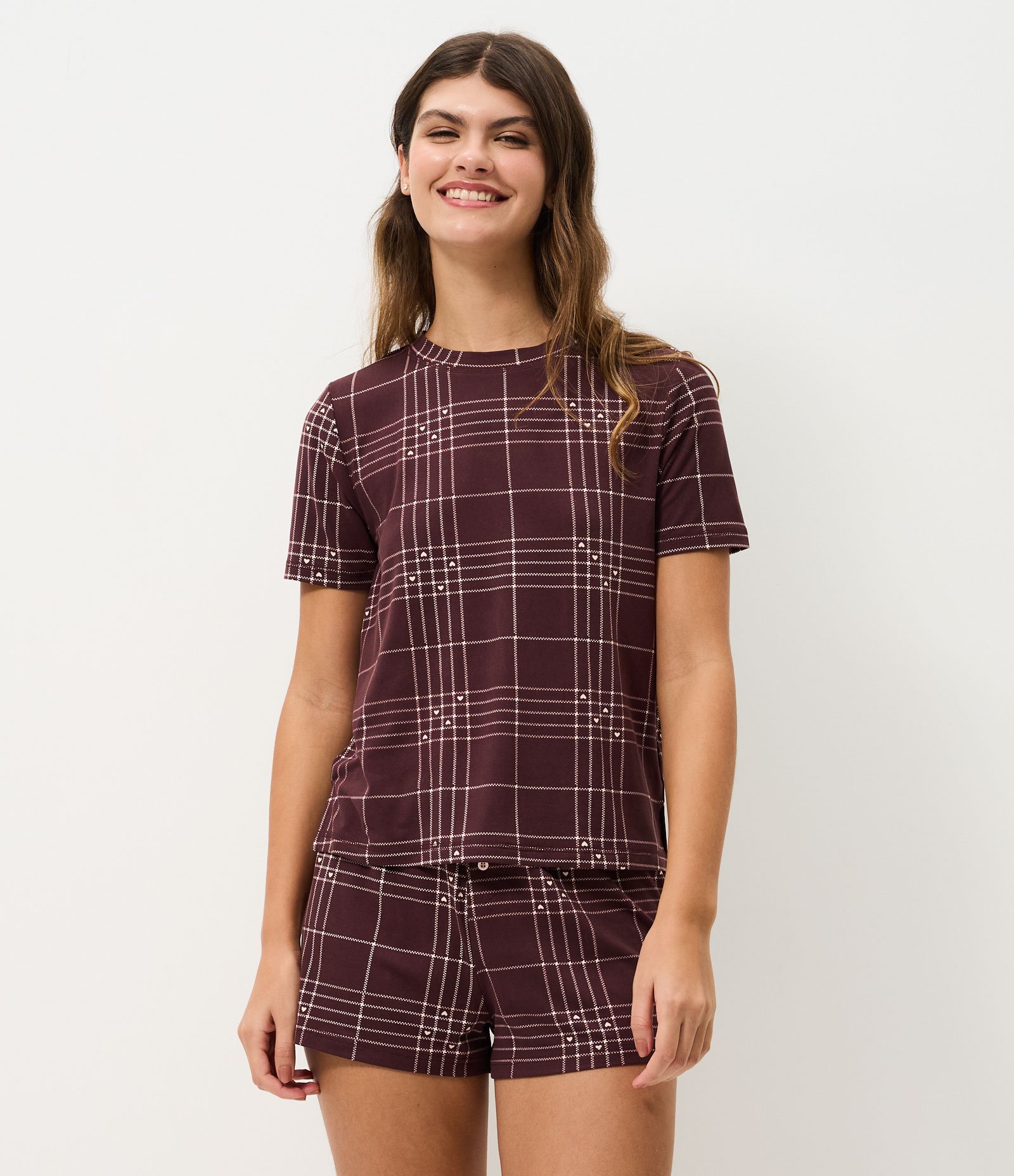 Blusa de Pijama em Peach Touch com Estampa Xadrez Marrom 2