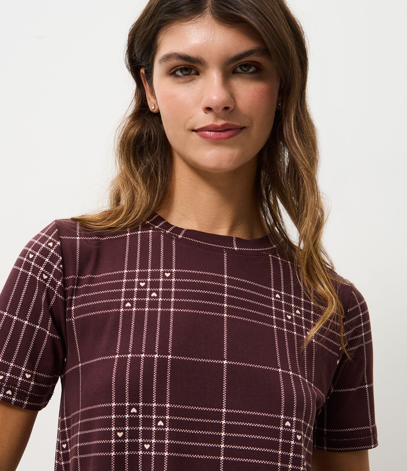 Blusa de Pijama em Peach Touch com Estampa Xadrez Marrom 3
