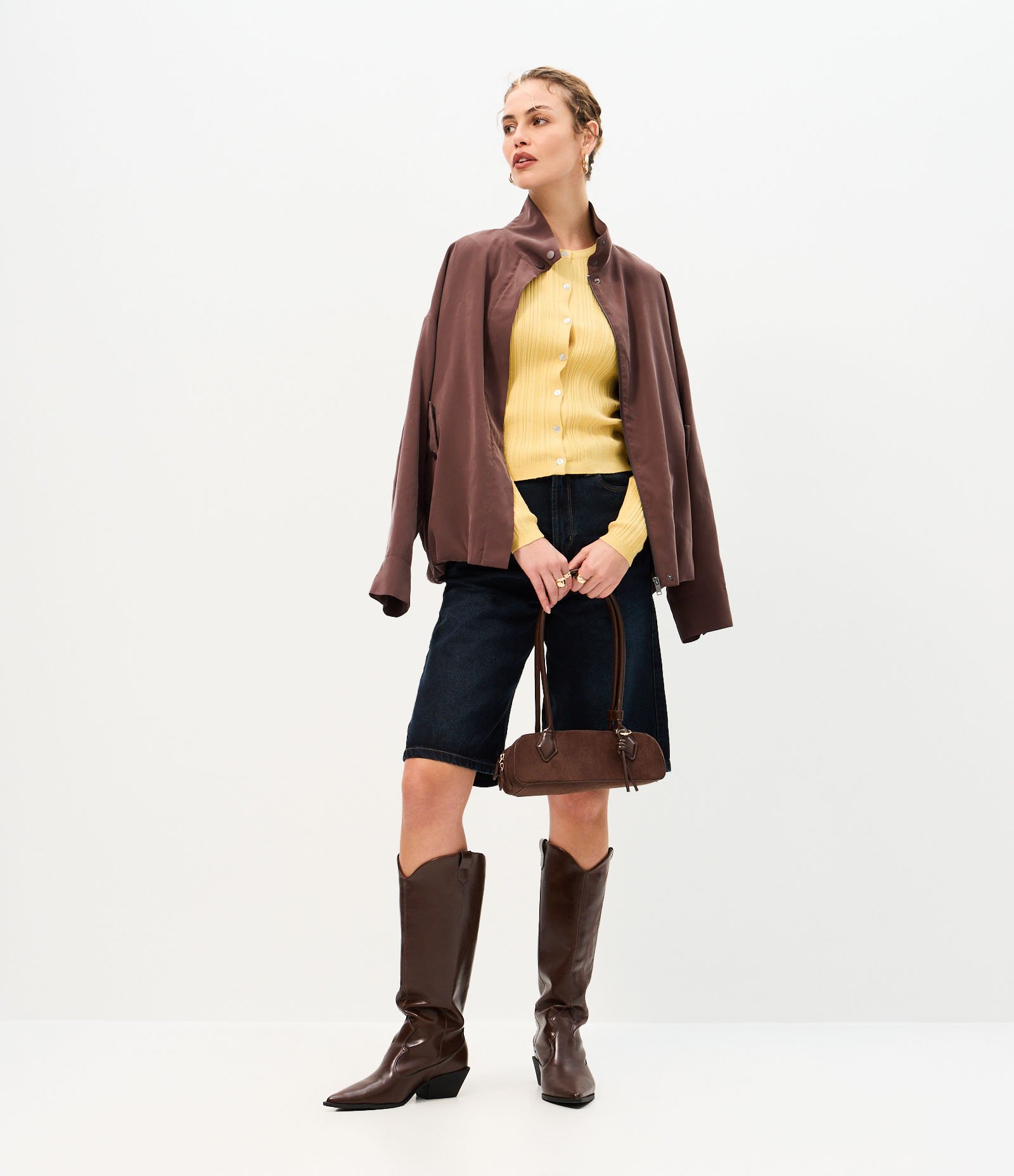 Cardigan Básico Ajustado em Tricô Canelado Amarelo 2