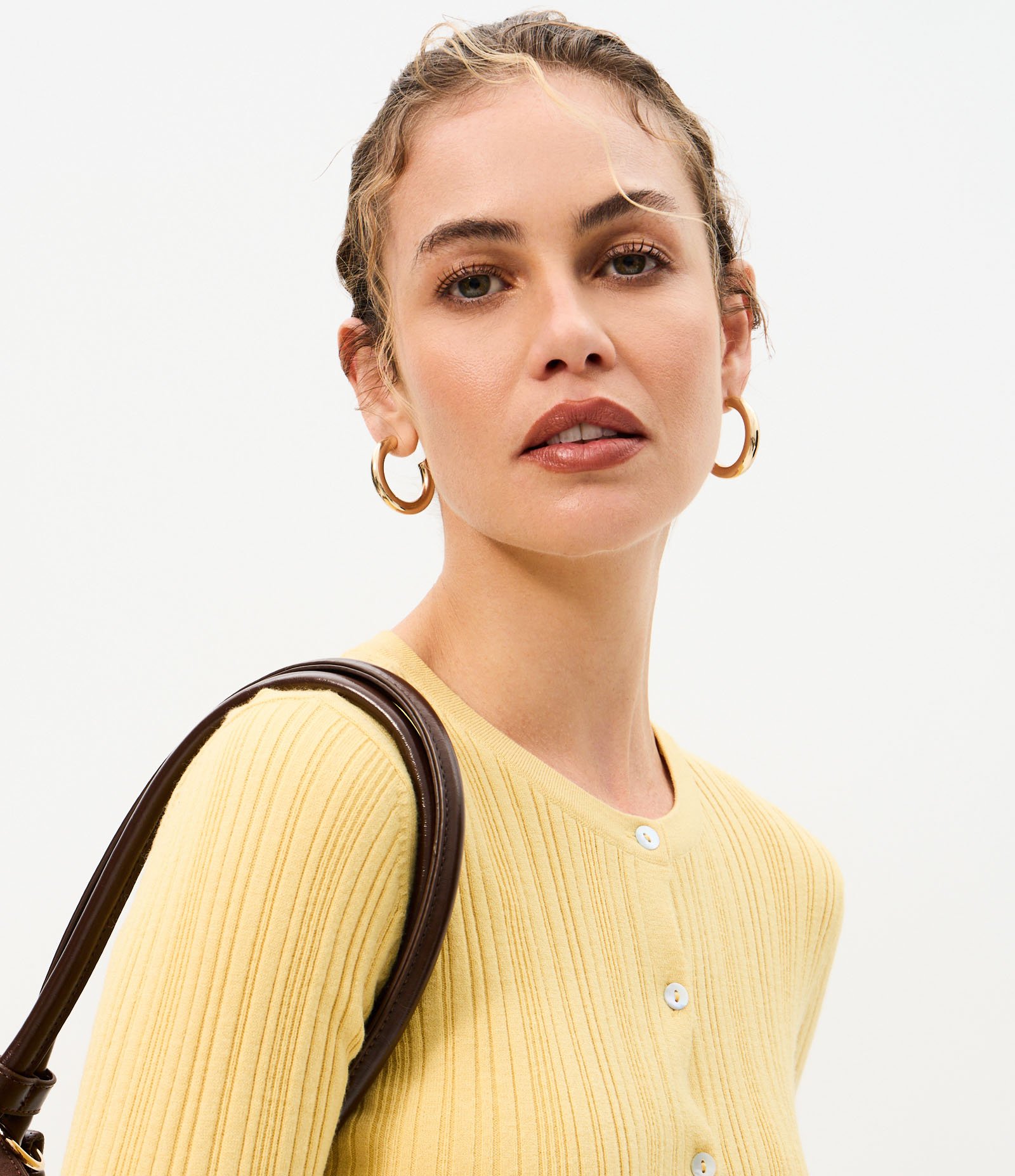 Cardigan Básico Ajustado em Tricô Canelado Amarelo 3