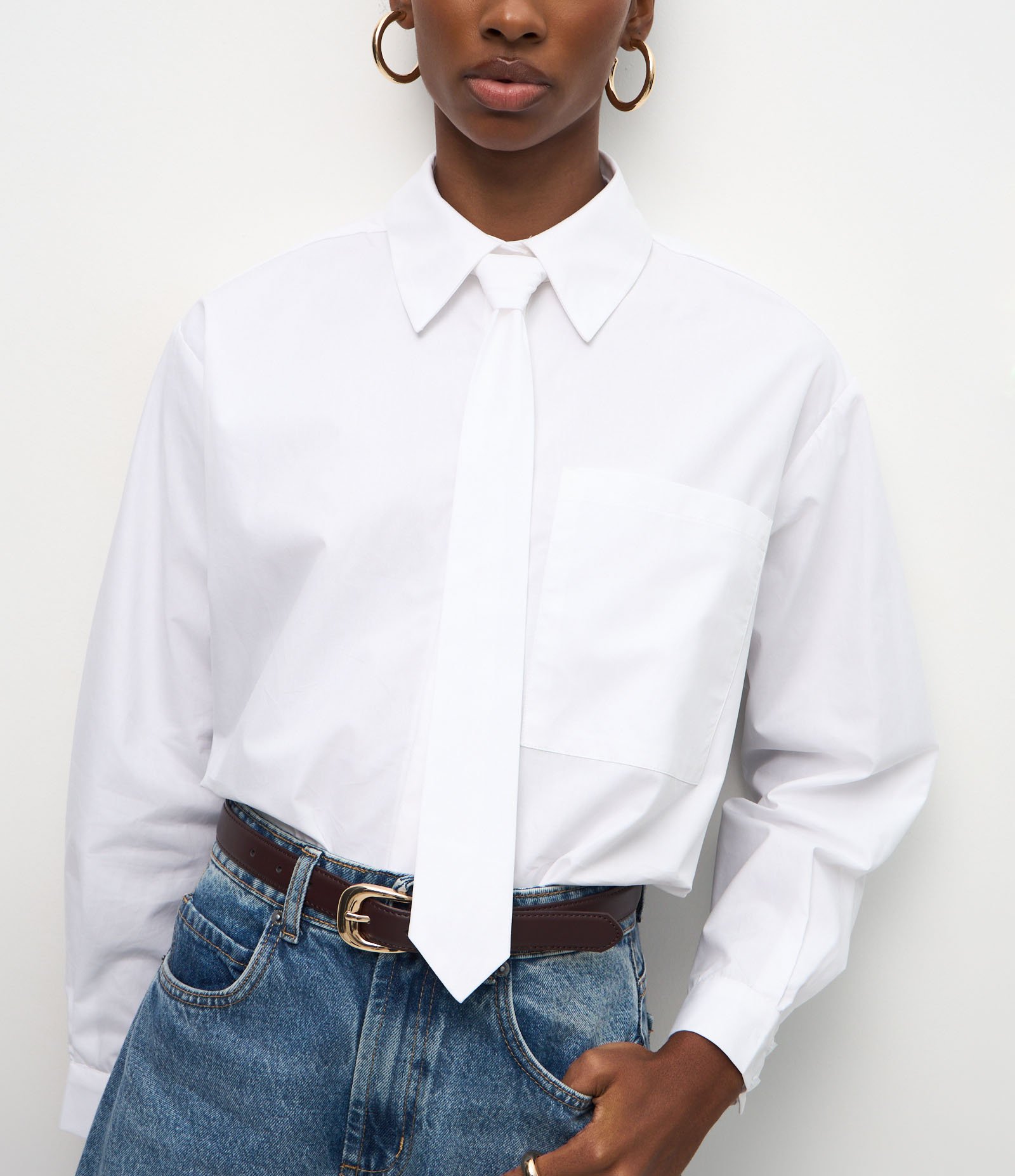 Camisa Alongada em Algodão com Gravata Branco 3