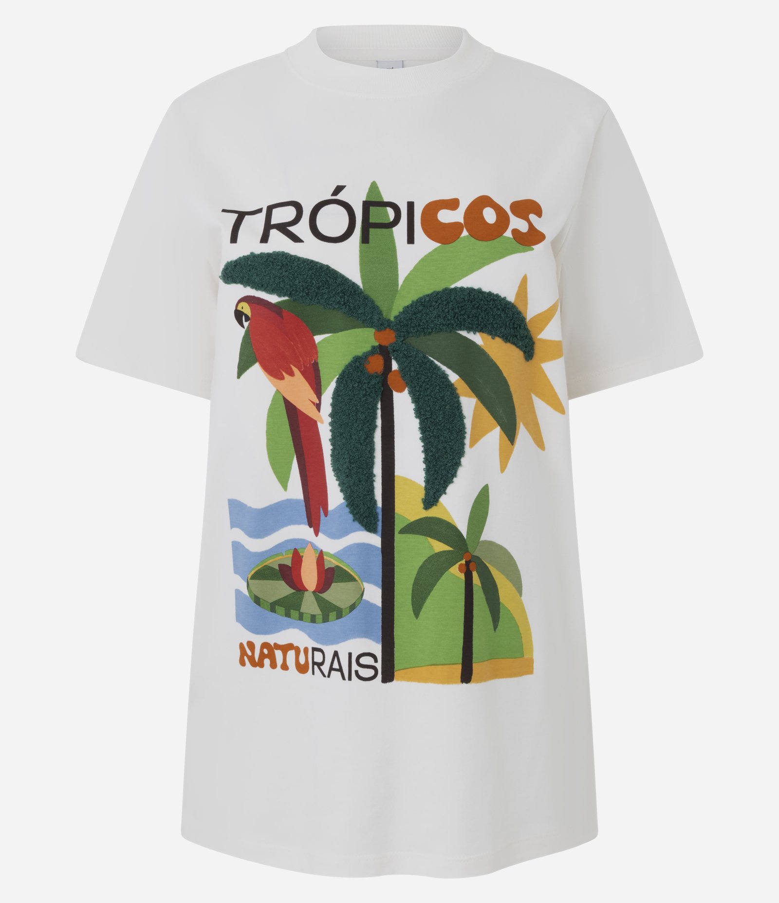 Camiseta Alongada com Estampa Trópicos e Bordado Branco 1