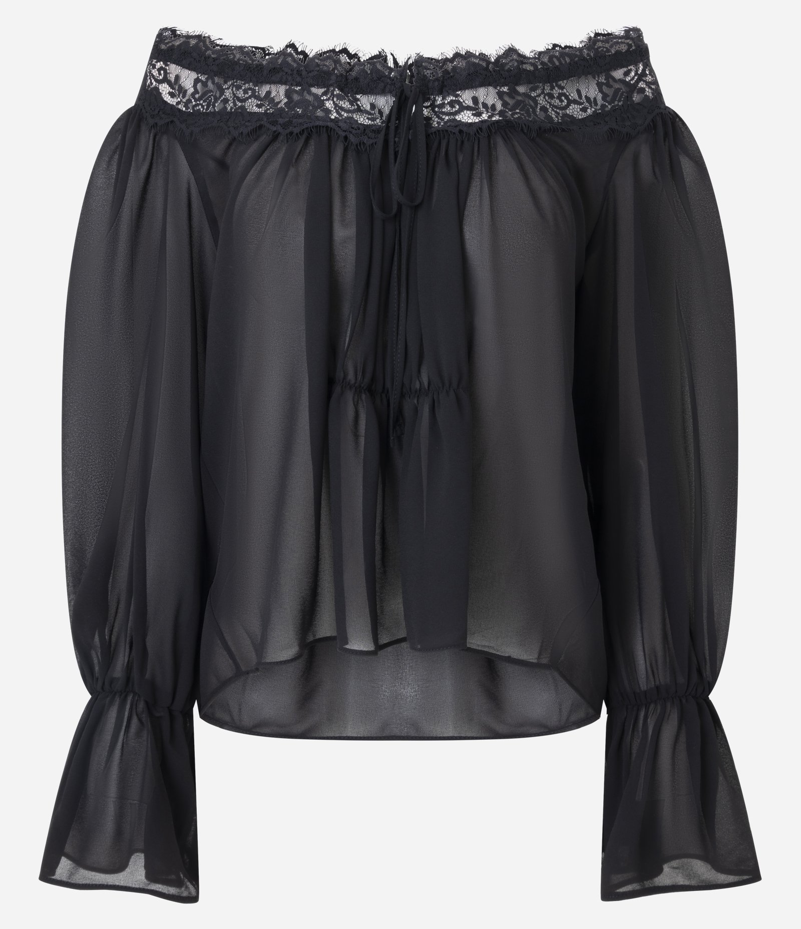 Blusa em Chiffon com Transparência e Renda Aplicada Preto 5