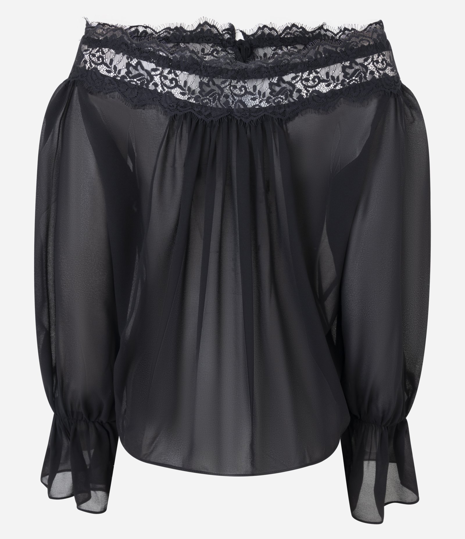 Blusa em Chiffon com Transparência e Renda Aplicada Preto 7