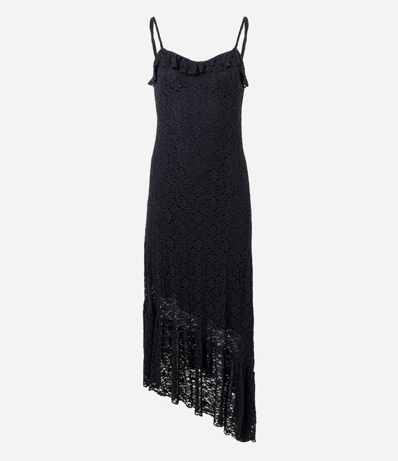 Vestido Midi em Renda com Alças Finas e Babados Preto 1