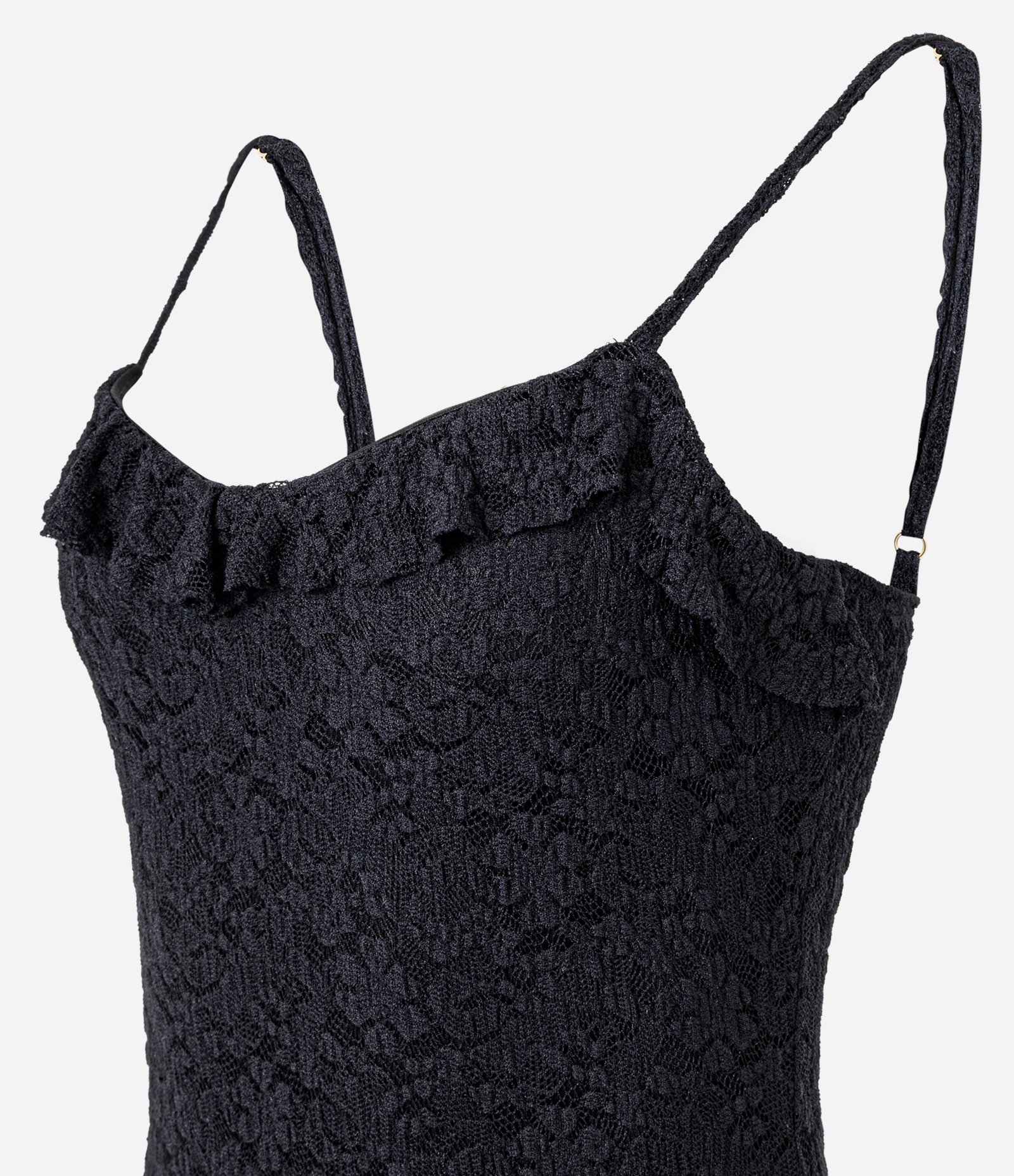 Vestido Midi em Renda com Alças Finas e Babados Preto 2