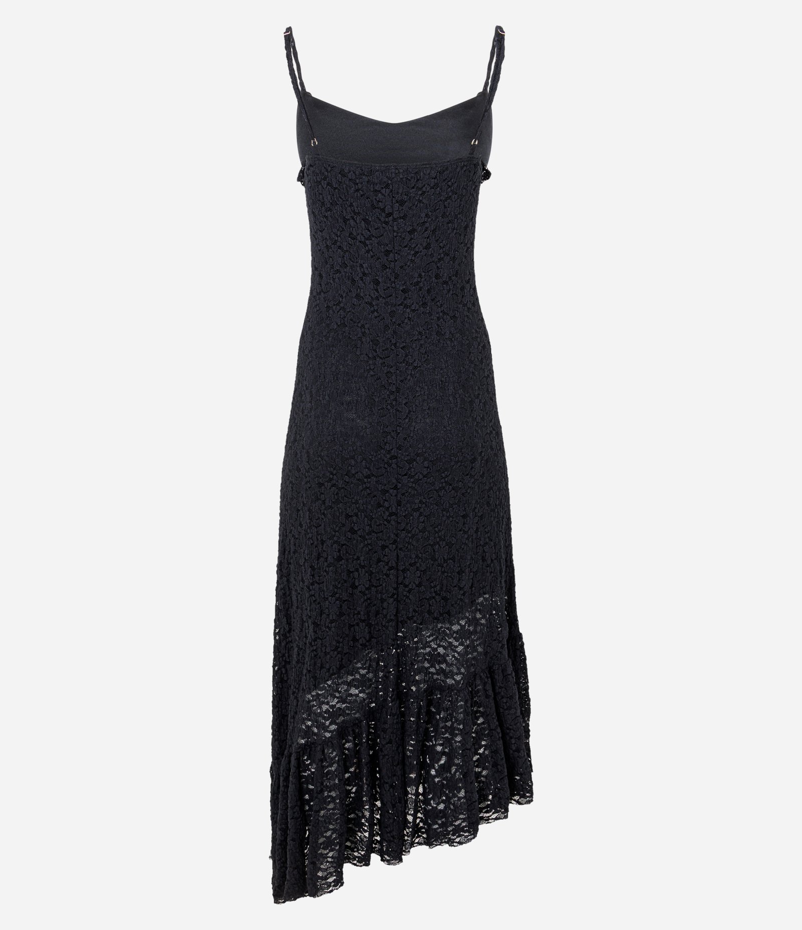 Vestido Midi em Renda com Alças Finas e Babados Preto 3