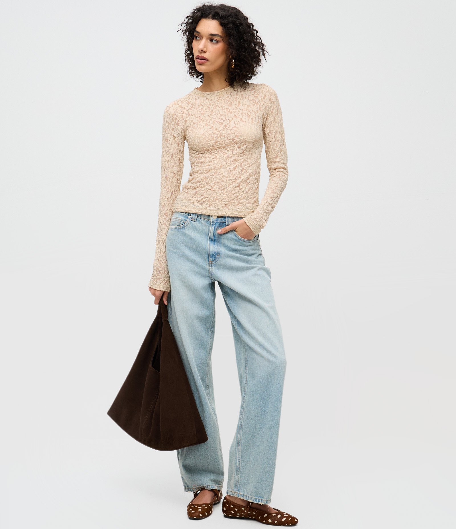 Blusa Segunda Pele em Renda Texturizada com Manga Longa Bege 2
