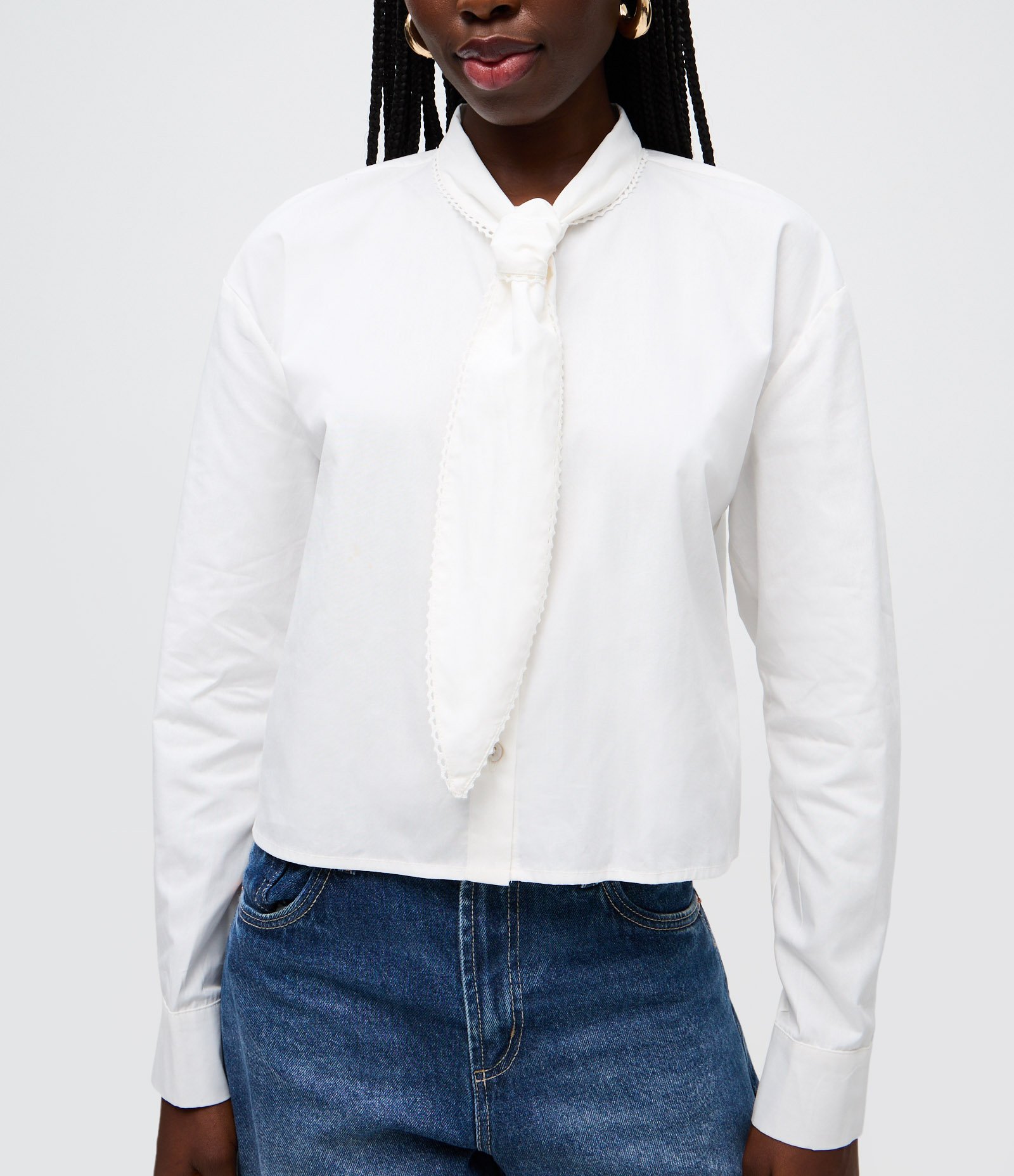 Camisa em Algodão com Amarração na Gola Branco 3