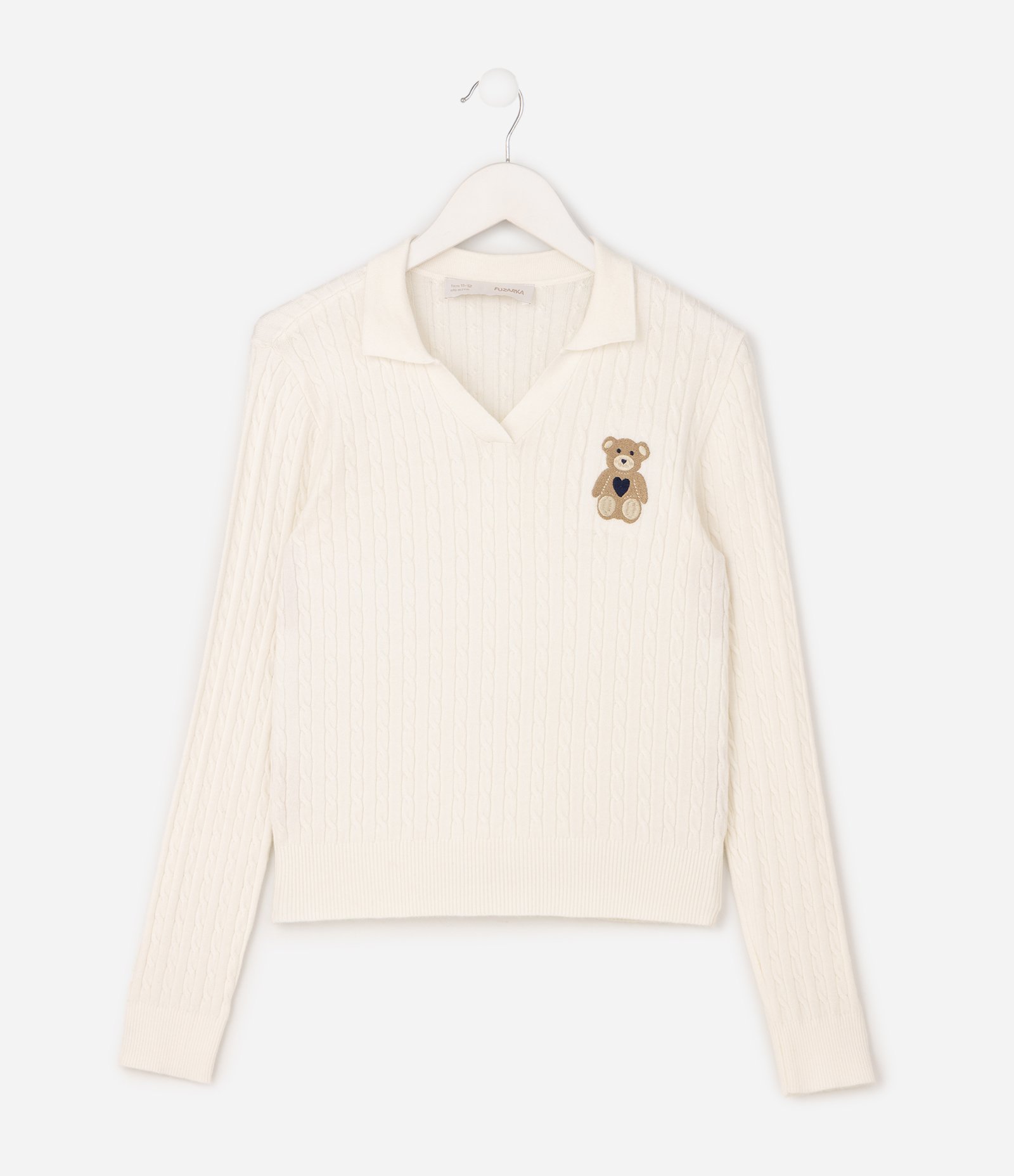 Suéter Infantil em Tricô com Gola Polo e Bordado Urso – Tam 5 a 14 Anos Off White 1