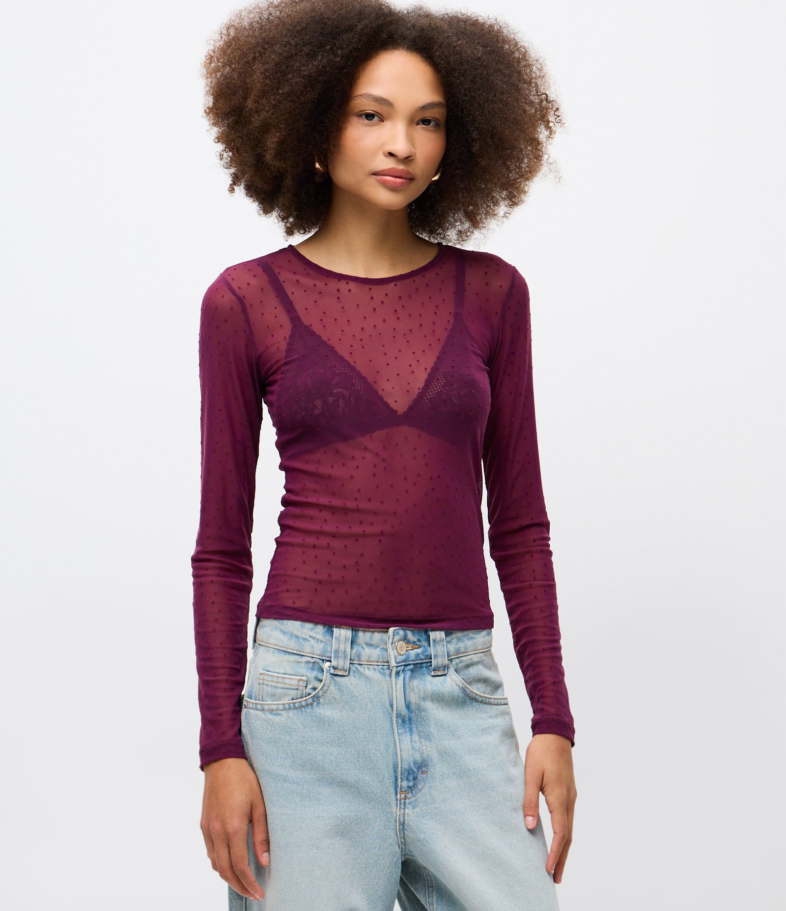 Blusa Segunda Pele em Tule Flocado Vinho 3