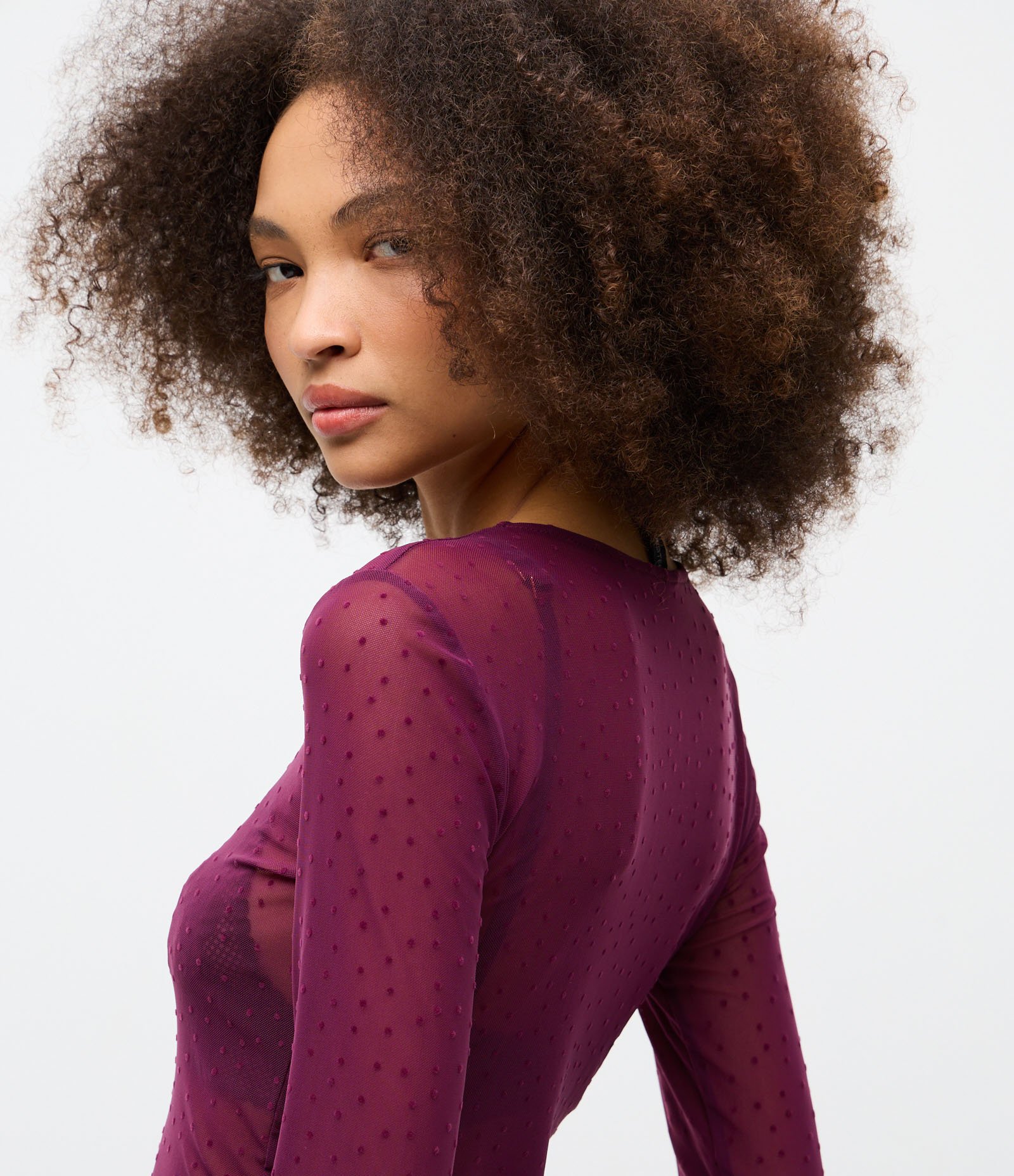 Blusa Segunda Pele em Tule Flocado Vinho 4