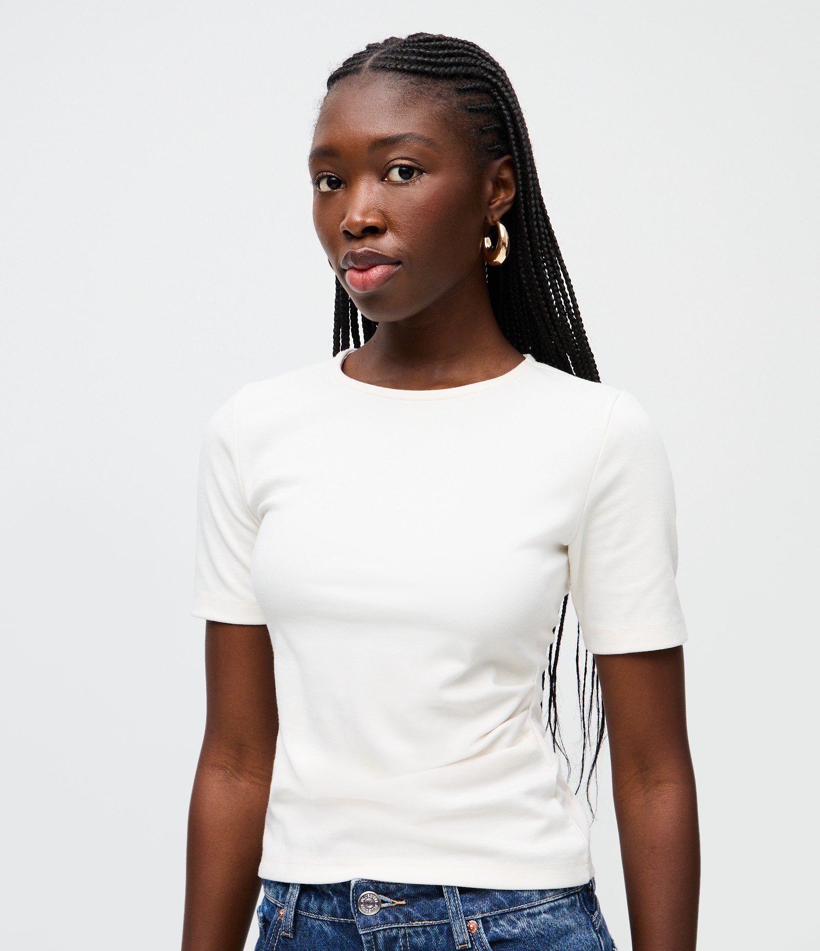 Blusa Manga Curta em Tricô Ponto Roma com Pregas Laterais Branco 1