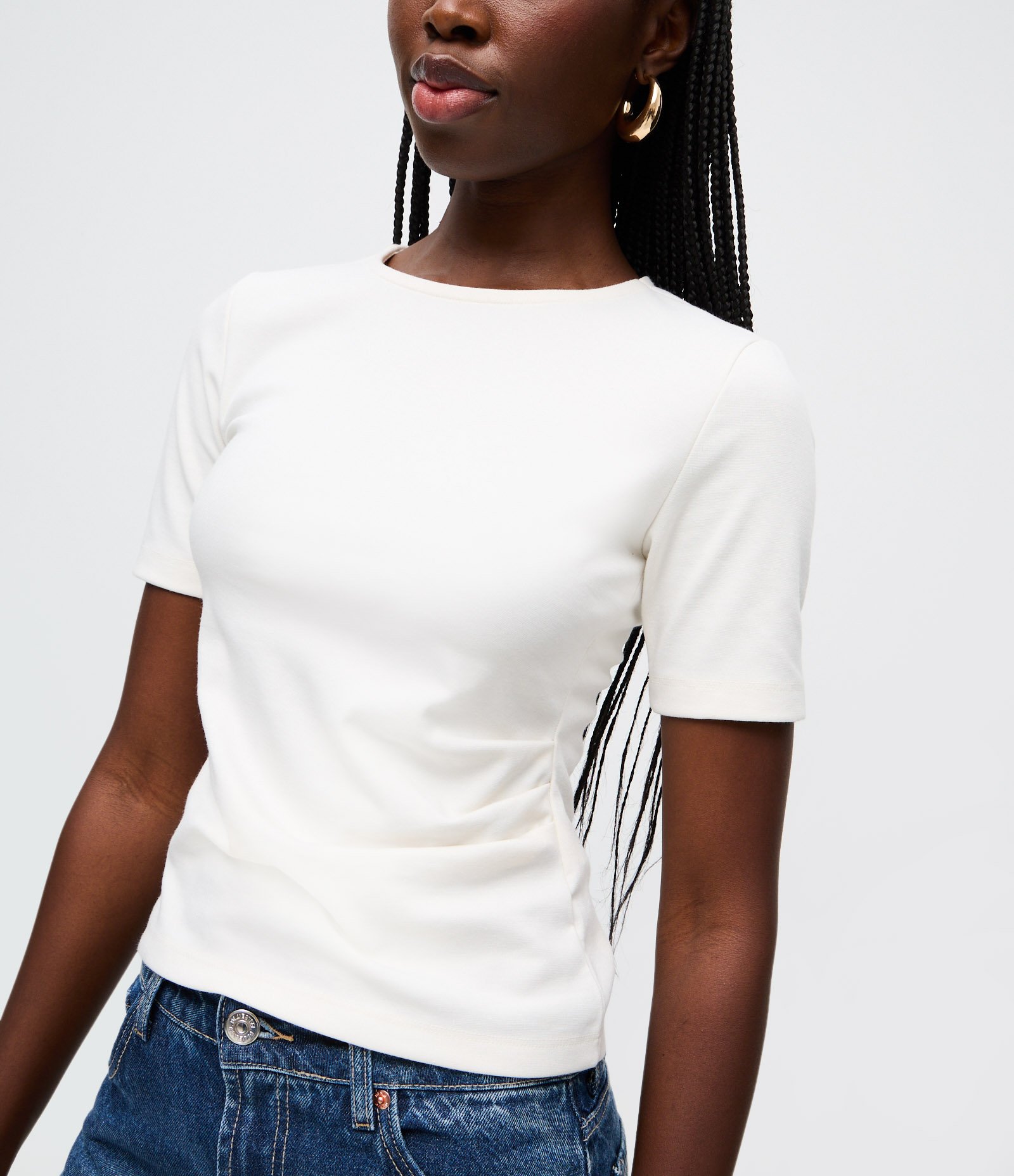 Blusa Manga Curta em Tricô Ponto Roma com Pregas Laterais Branco 3