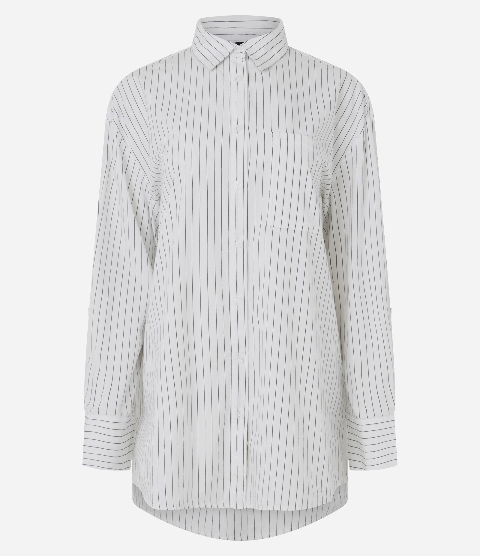 Camisa Alongada em Tricoline Listrada com Bolso Frontal Branco 6