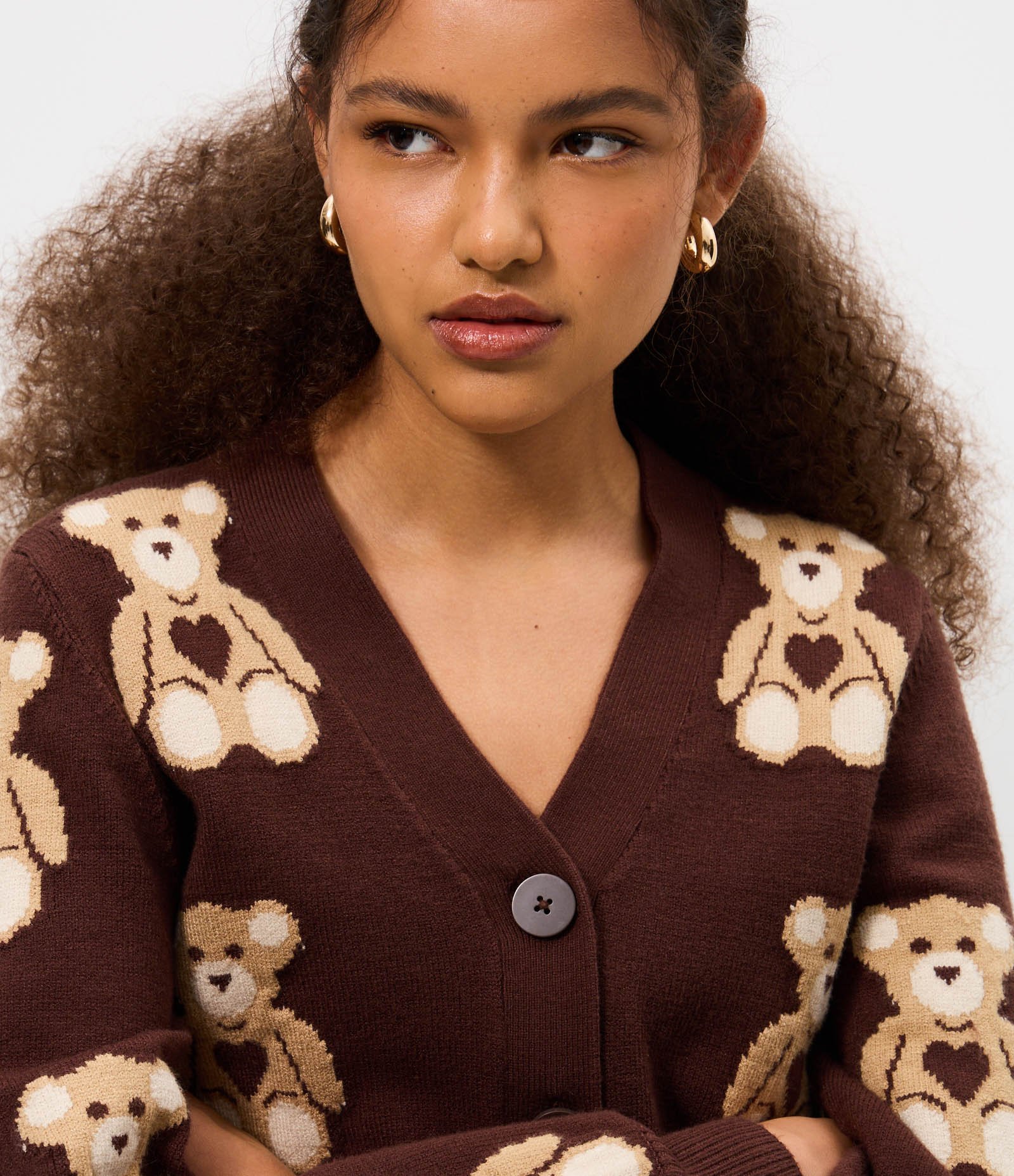 Cardigan Curto em Jacquard com Botões e Ursinhos em Repetição Marrom 4