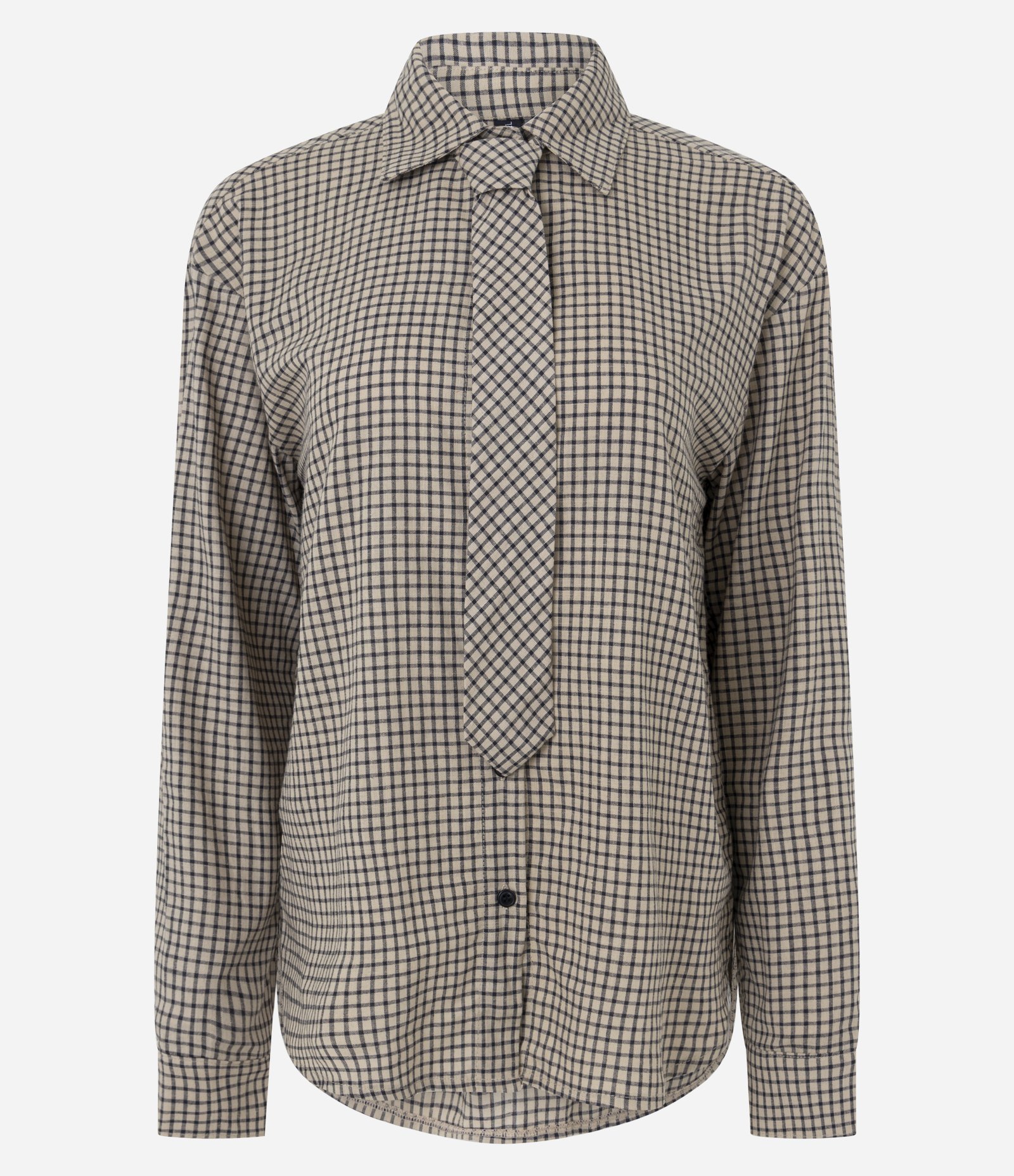 Camisa Xadrez Alongada Oversized com Gravata Bege 5
