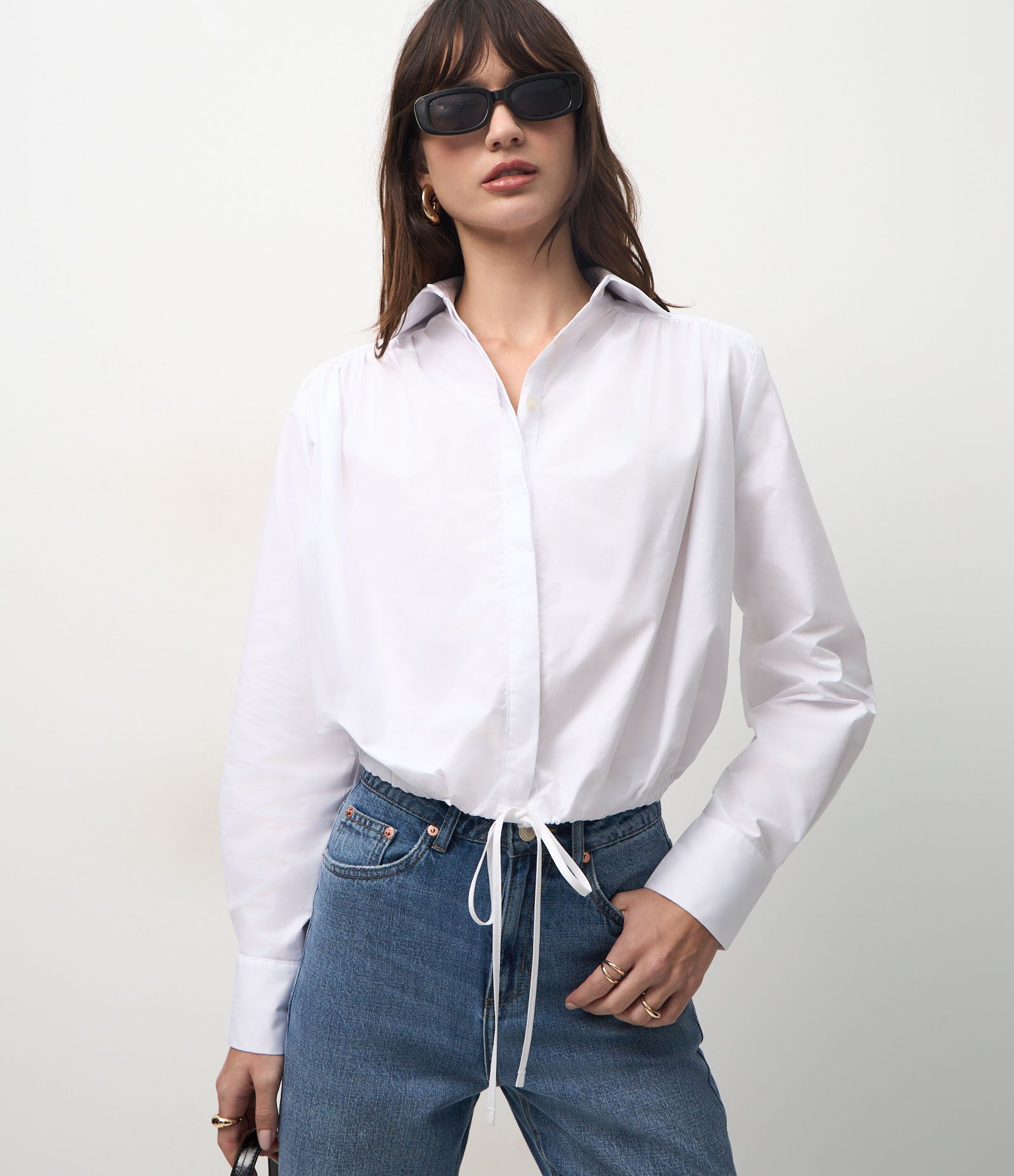 Camisa em Tricoline com Ajuste por Amarração na Barra Branco 1