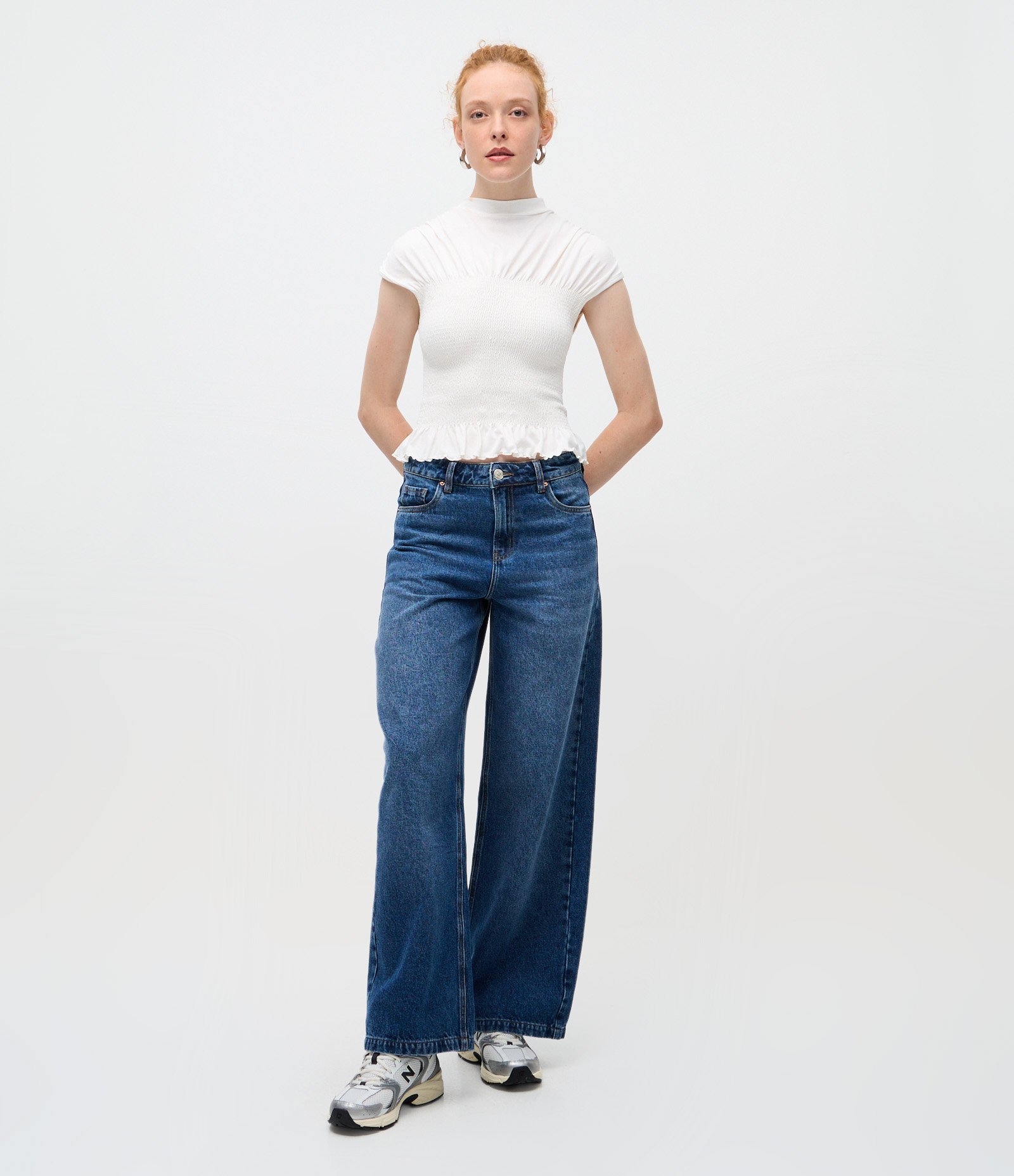 Calça Wide Leg em Jeans com Cós Passante Azul Médio 1