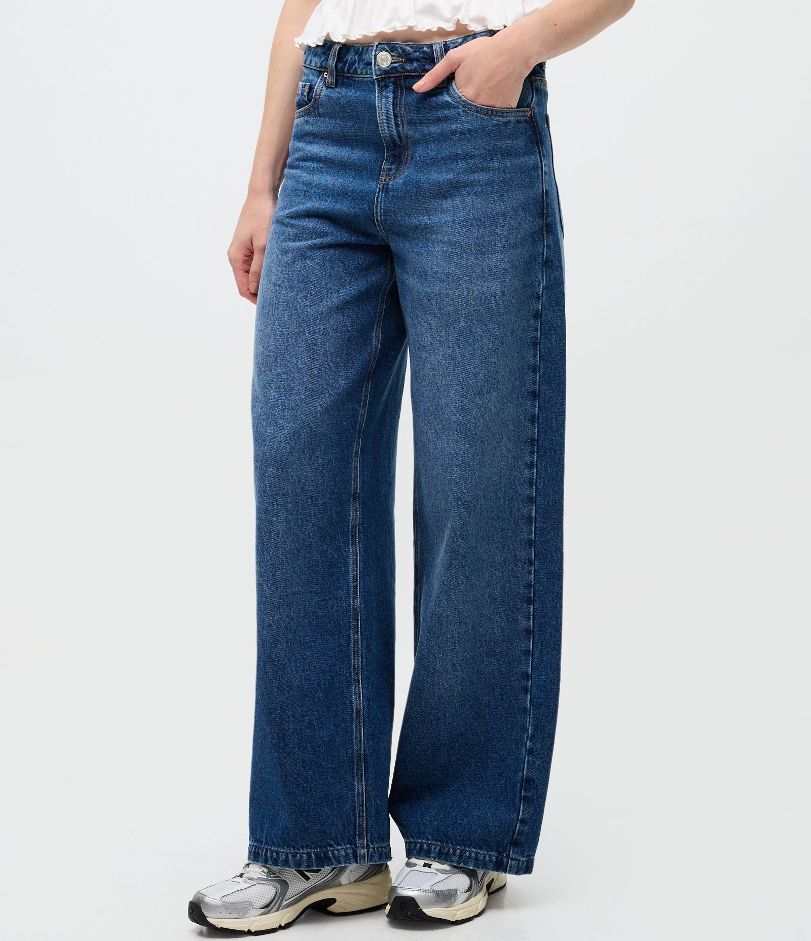 Calça Wide Leg em Jeans com Cós Passante Azul Médio 3