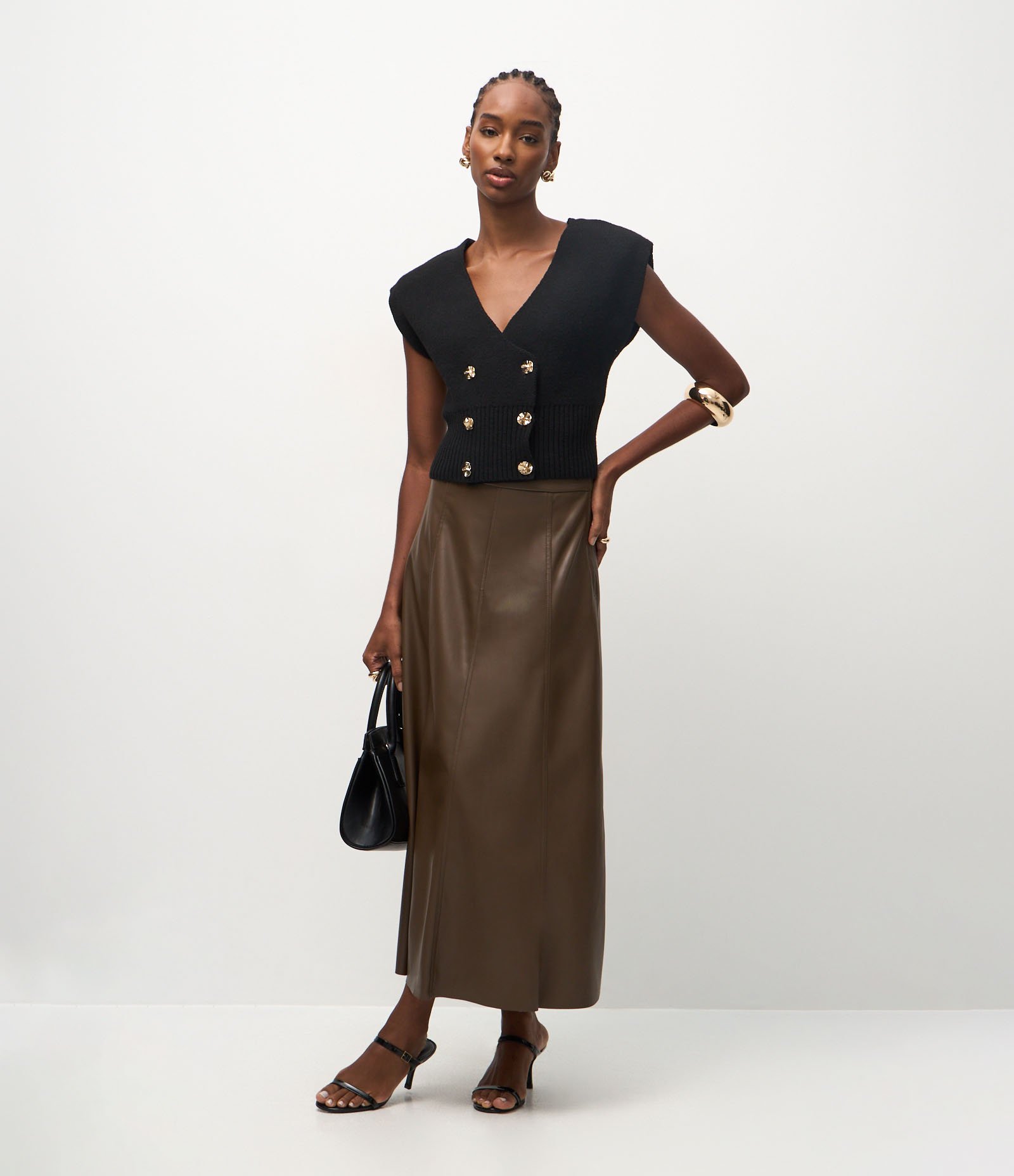 Saia Midi em PU com Recortes Frontais Marrom 1