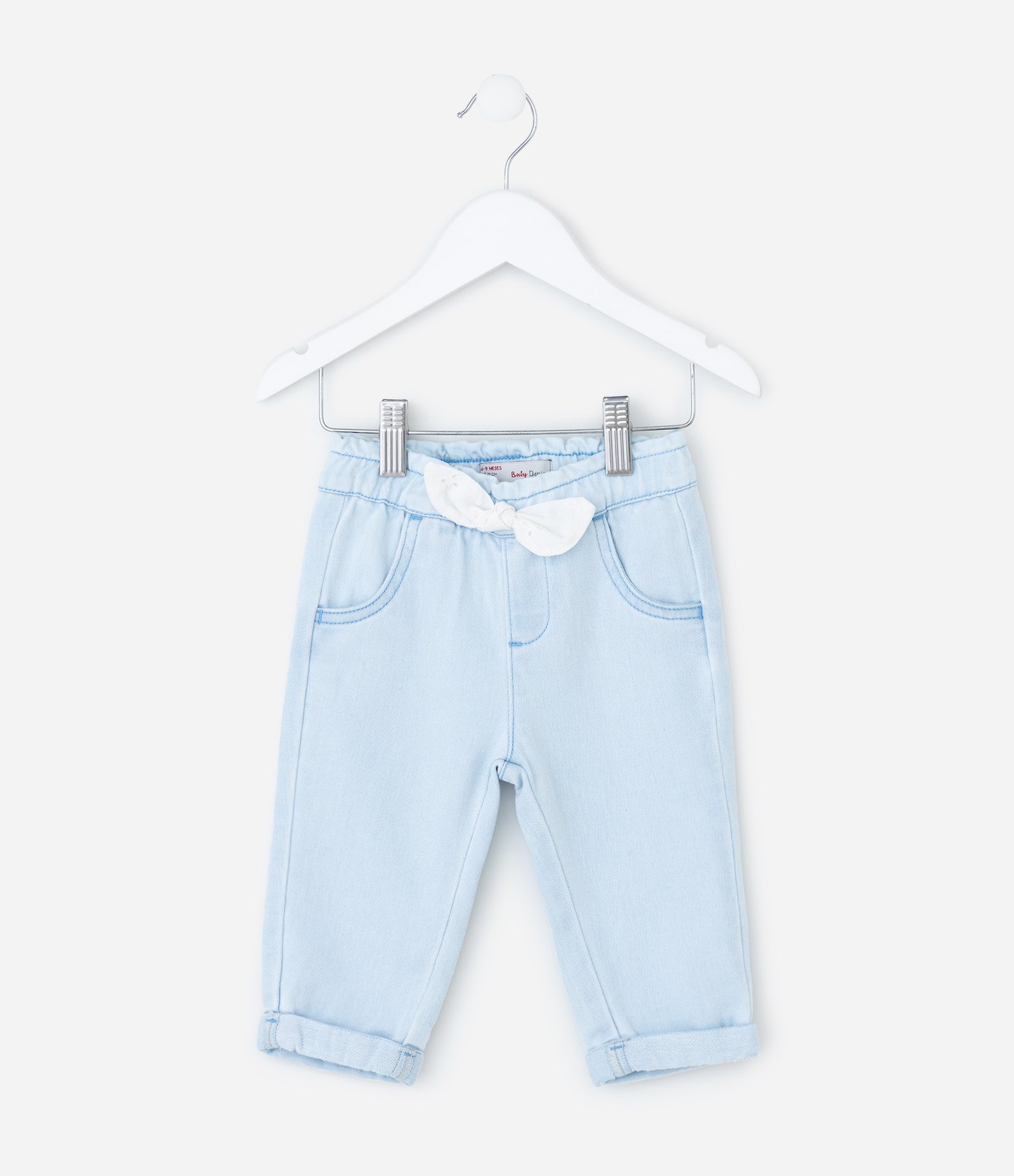 Calça Infantil em Jeans com Cós Elástico e Lacinho – Tam 3 a 18 Meses Azul Claro 1
