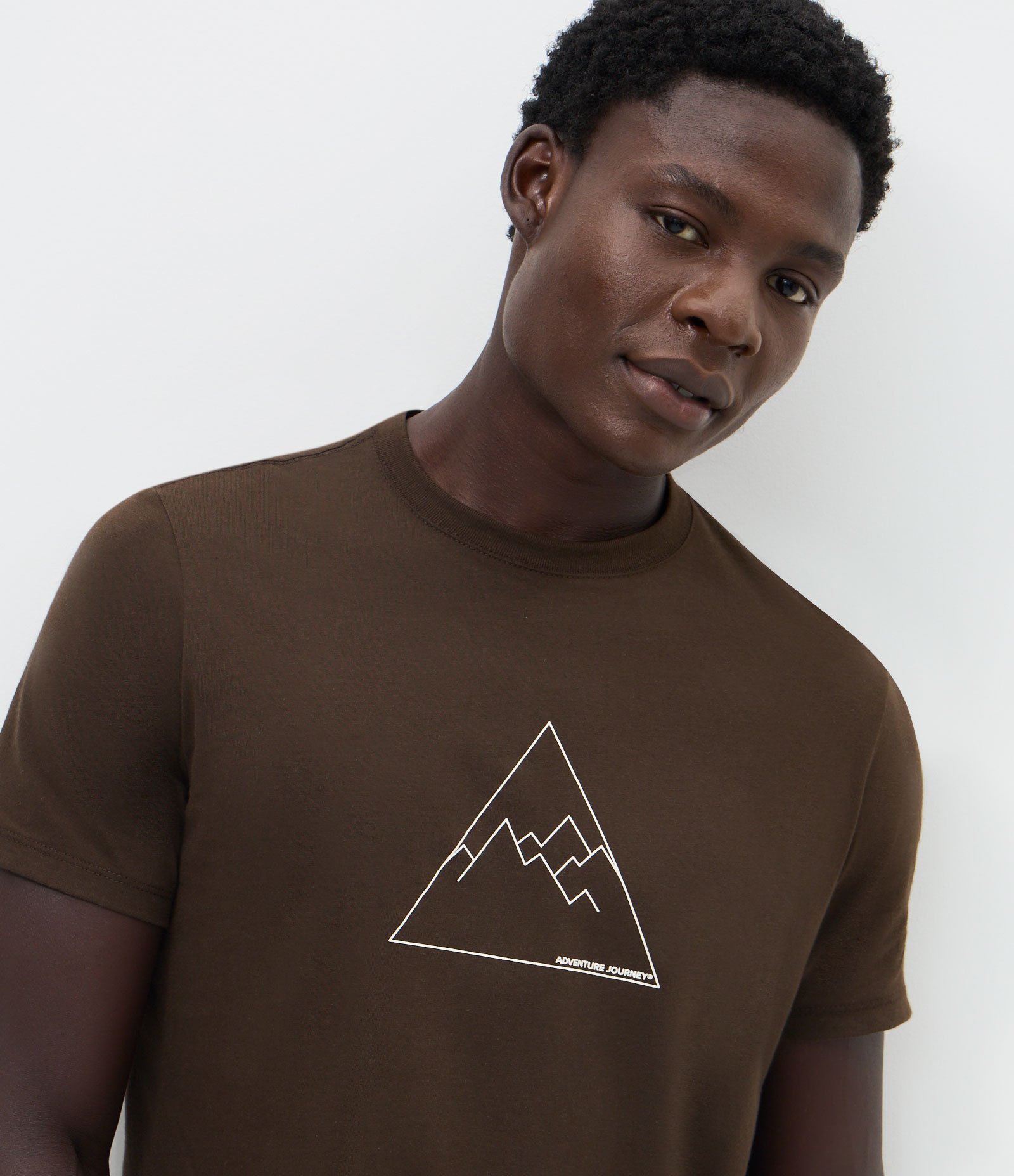 Camiseta Regular em Algodão com Estampa Geométrica de Montanha Marrom 3
