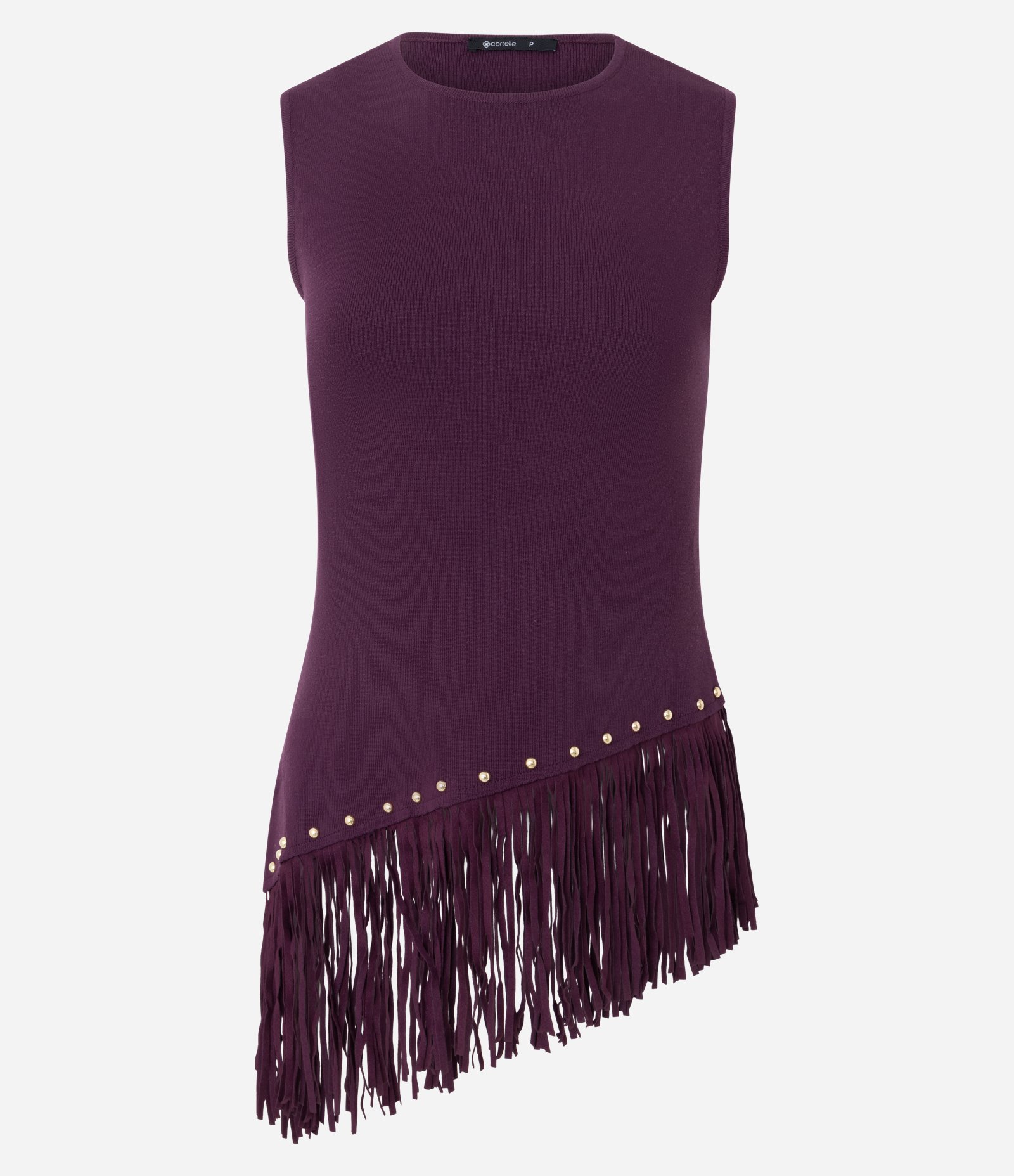 Blusa Assimétrica em Tricô com Franjas e Aplicação de Tachas Roxo 5