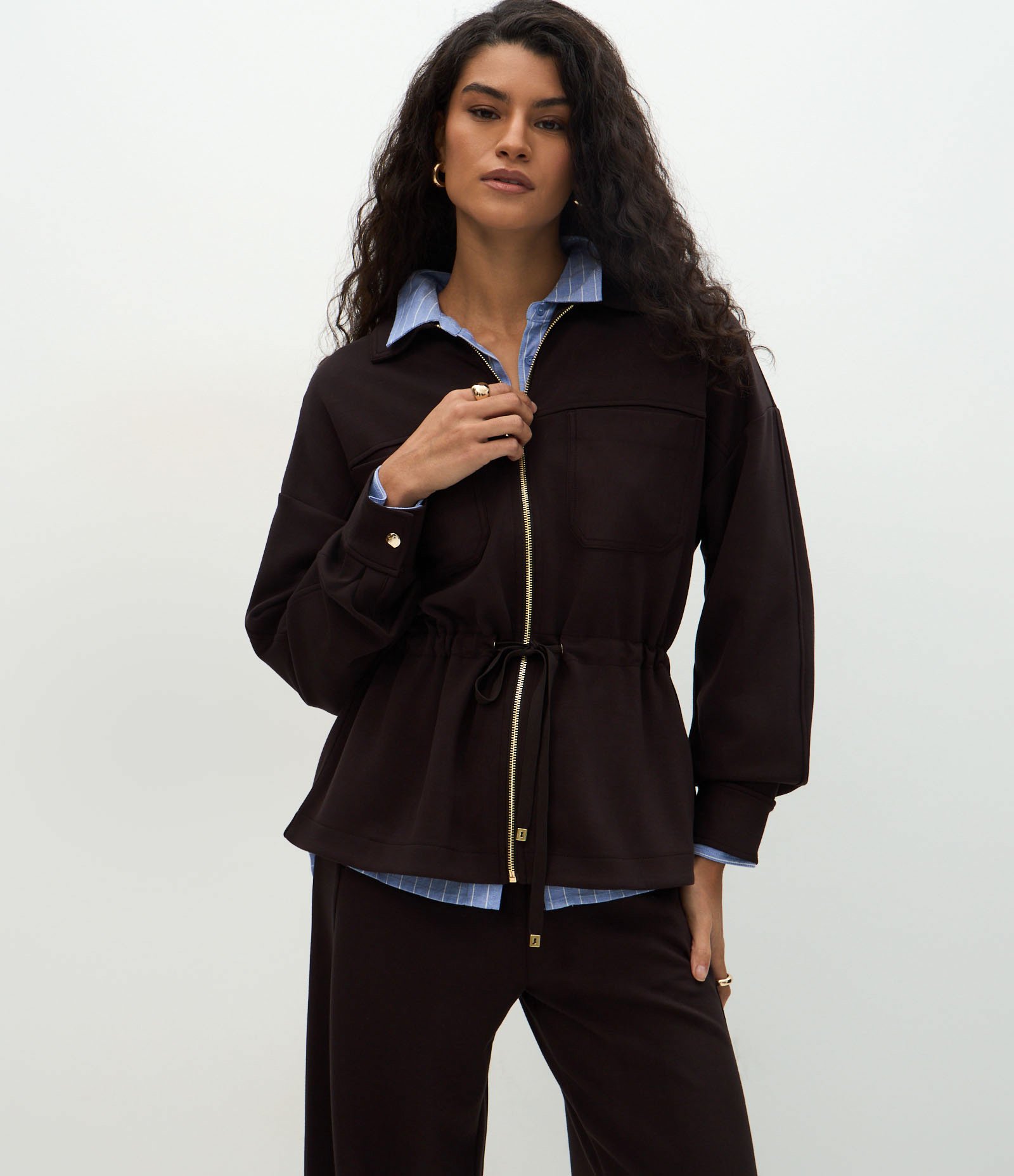 Jaqueta Parka em Modal com Zíper e Cordão Ajustável Marrom 1