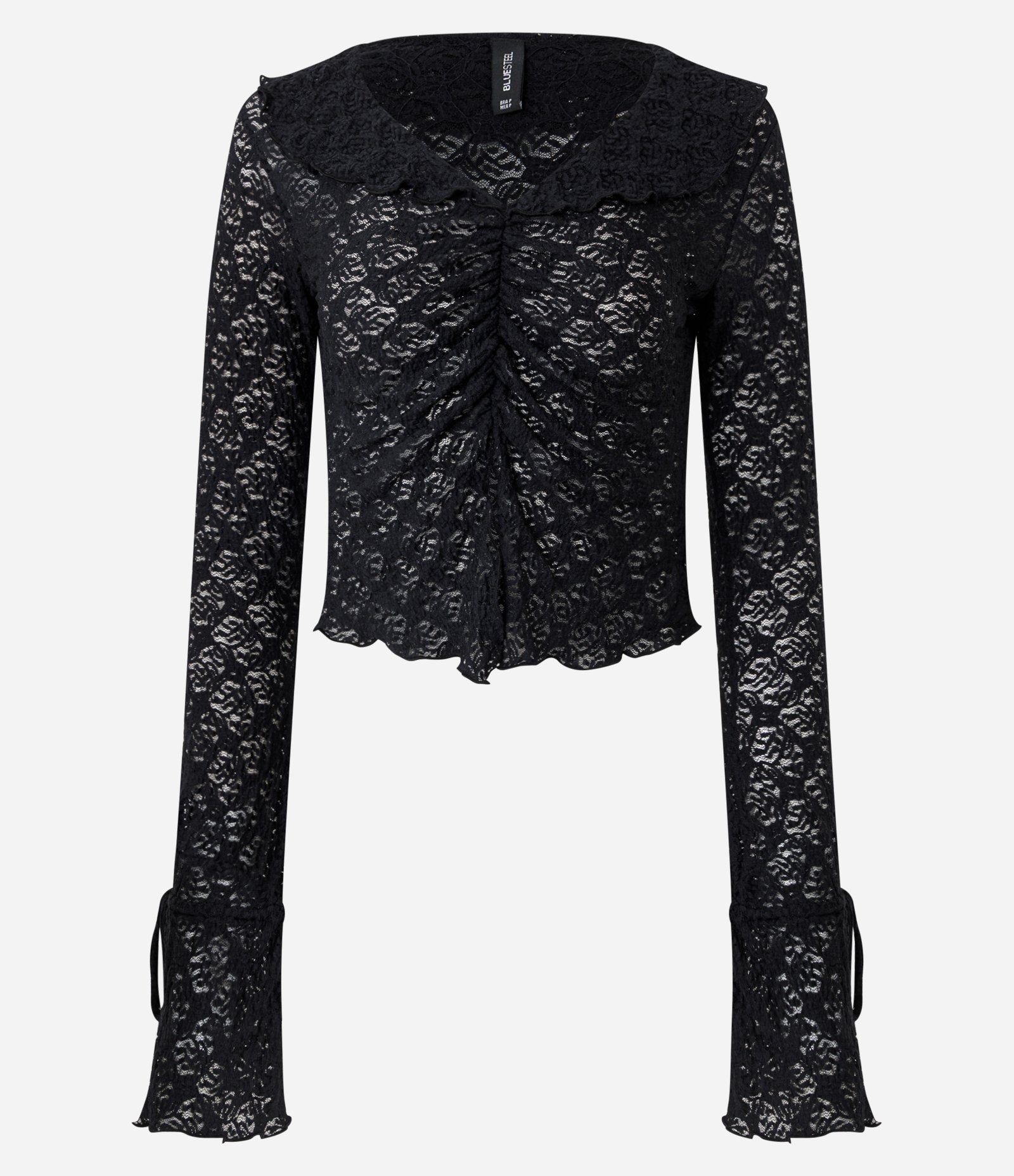 Blusa em Renda Texturizada com Babados nas Mangas e Pescoço Preto 1