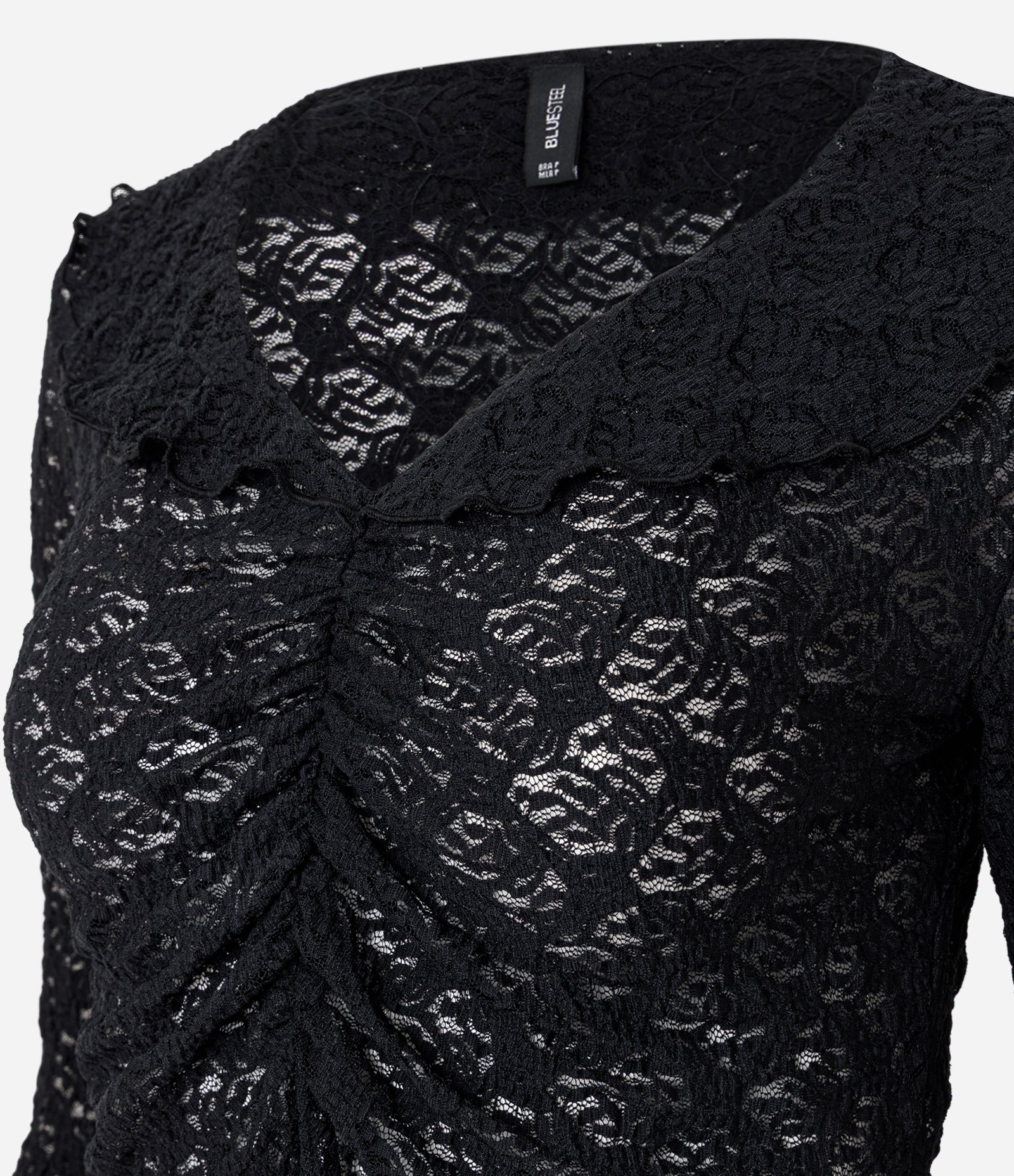 Blusa em Renda Texturizada com Babados nas Mangas e Pescoço Preto 2