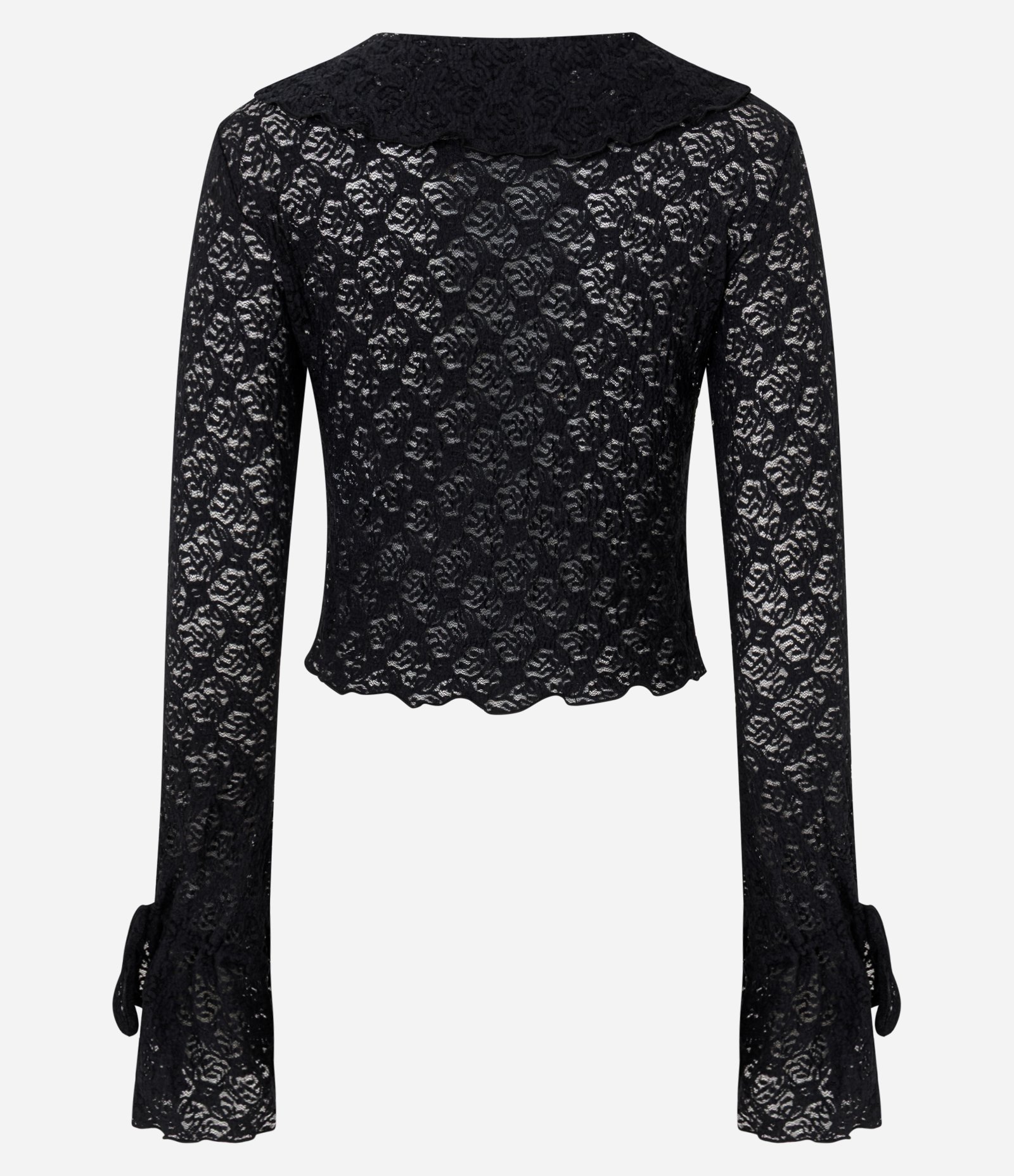 Blusa em Renda Texturizada com Babados nas Mangas e Pescoço Preto 3