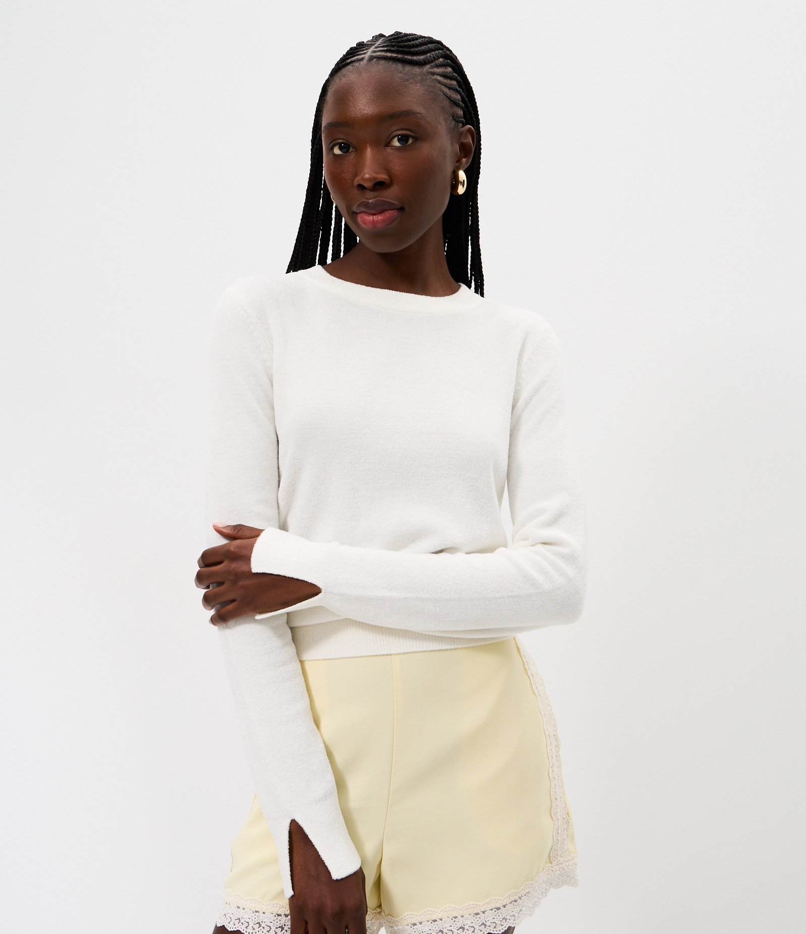 Blusa Manga Longa em Tricô com Fenda na Manga Branco 1