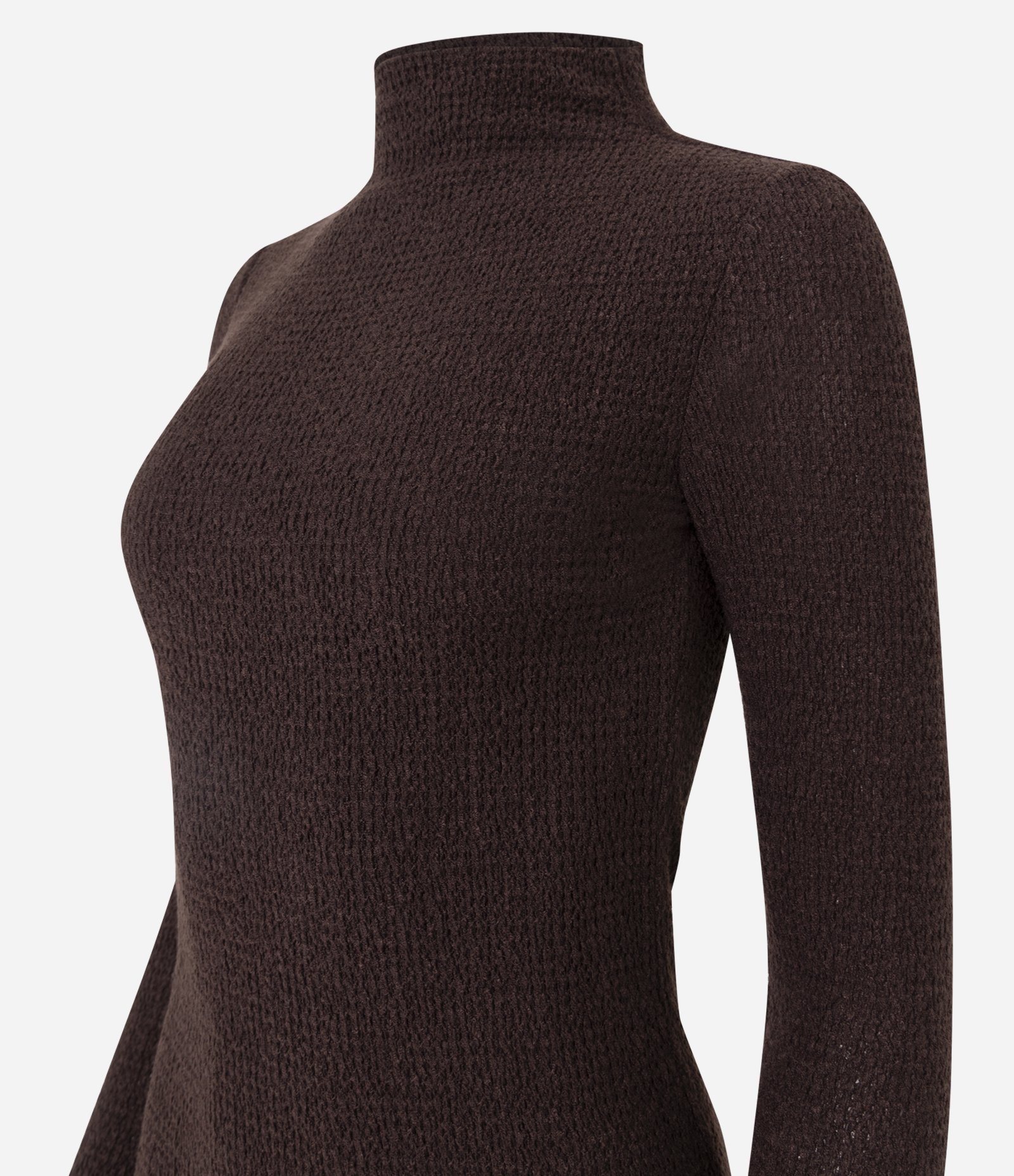 Vestido Manga Longa Texturizado com Gola Alta Marrom 2