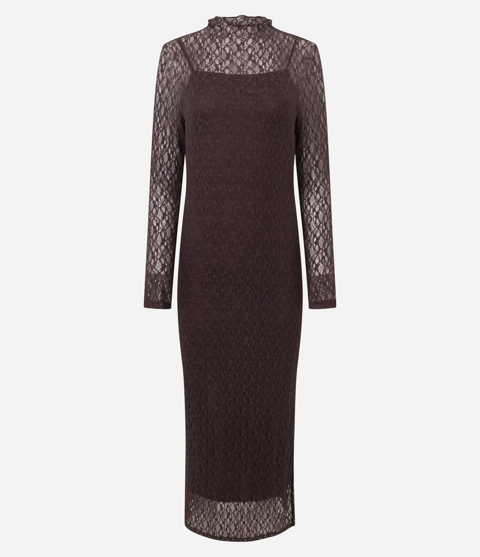 Vestido em Renda com Gola Alta e Fenda Marrom 5