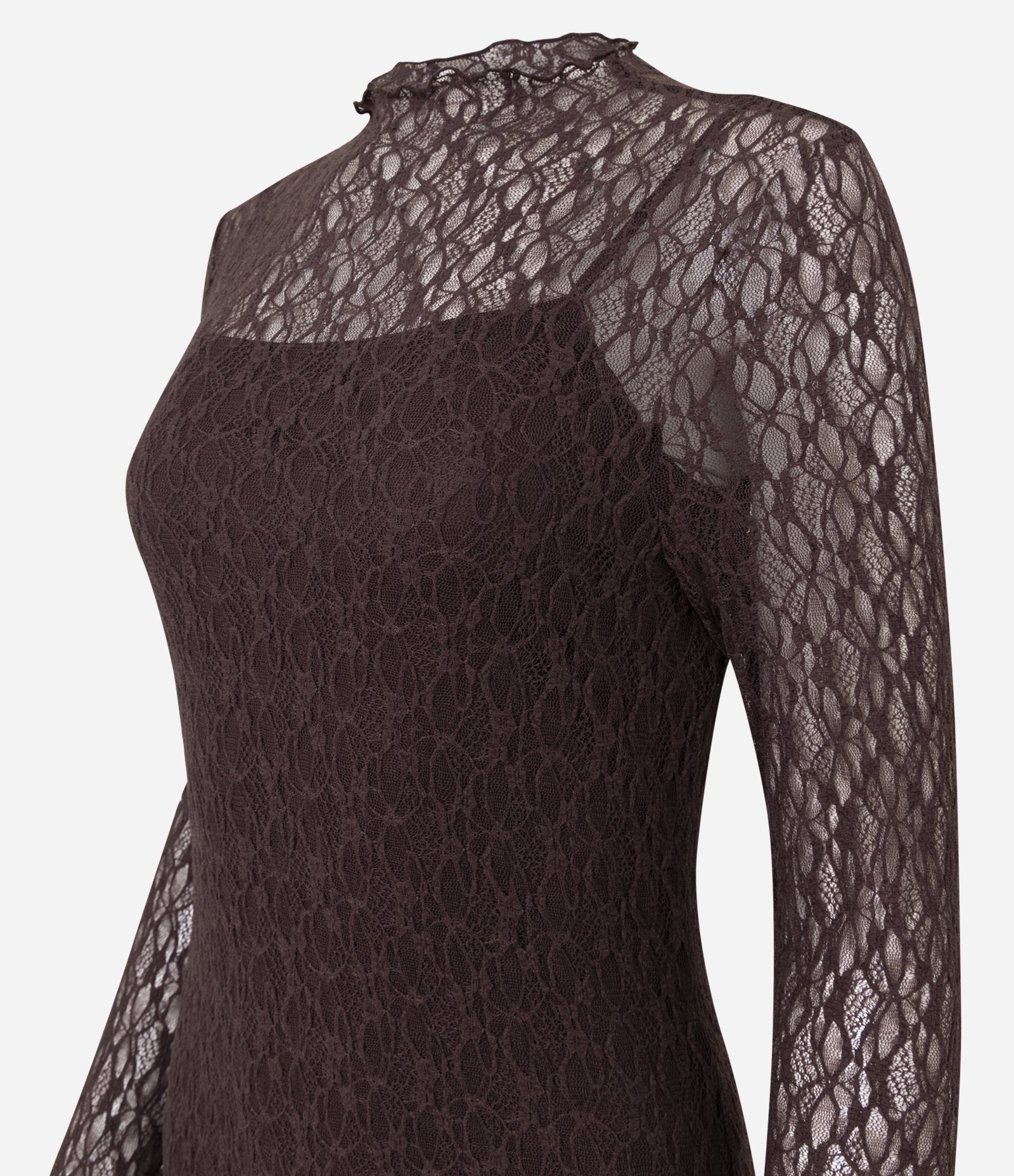 Vestido em Renda com Gola Alta e Fenda Marrom 6