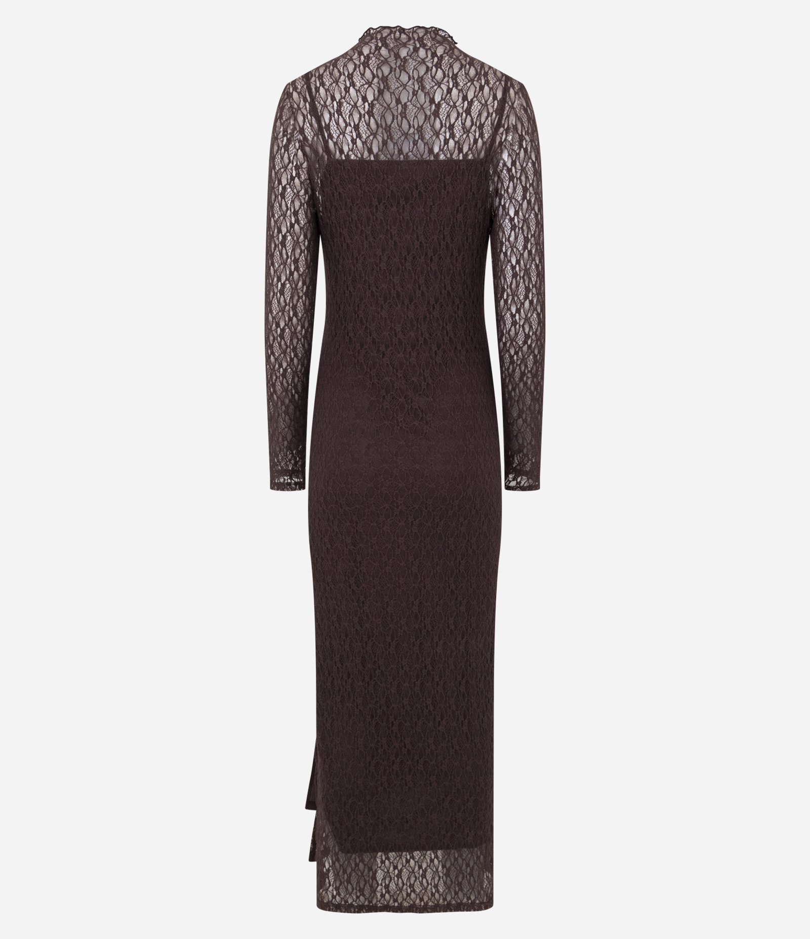Vestido em Renda com Gola Alta e Fenda Marrom 7