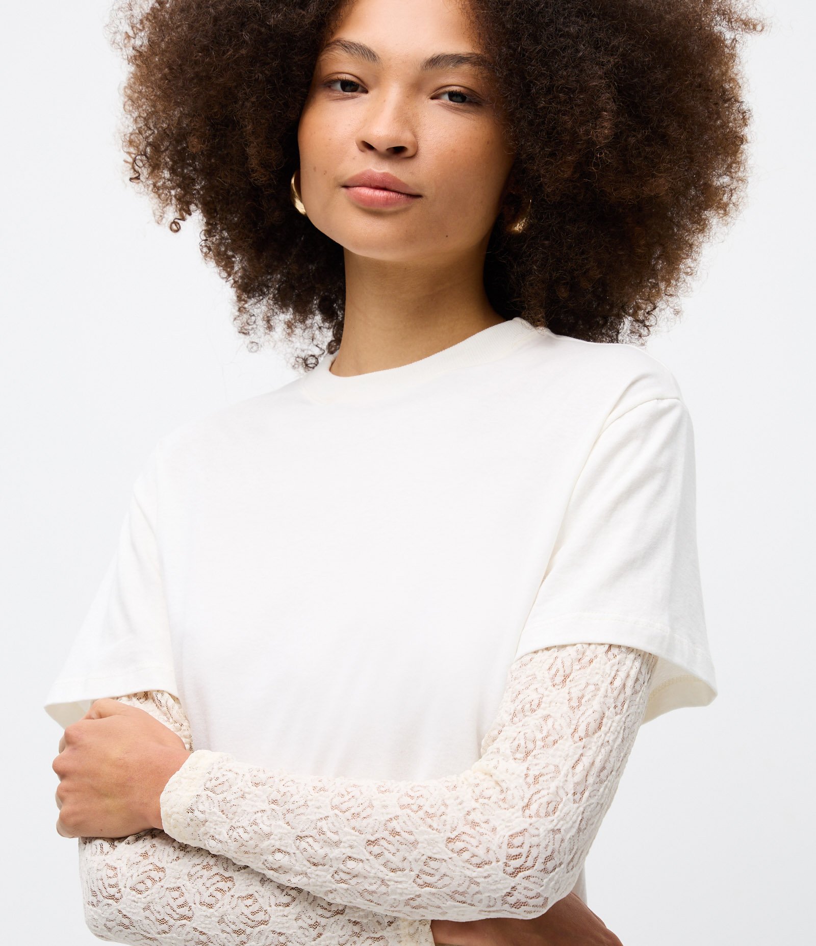 Camiseta com Manga Longa de Renda Sobreposta Off White 3