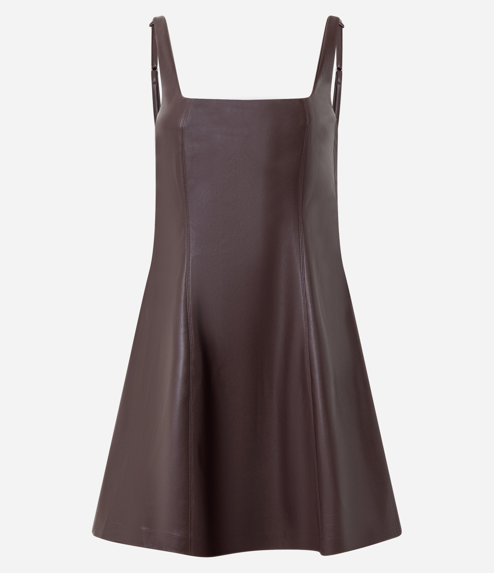 Vestido Skater em PU Curto com Decote Reto Marrom 5