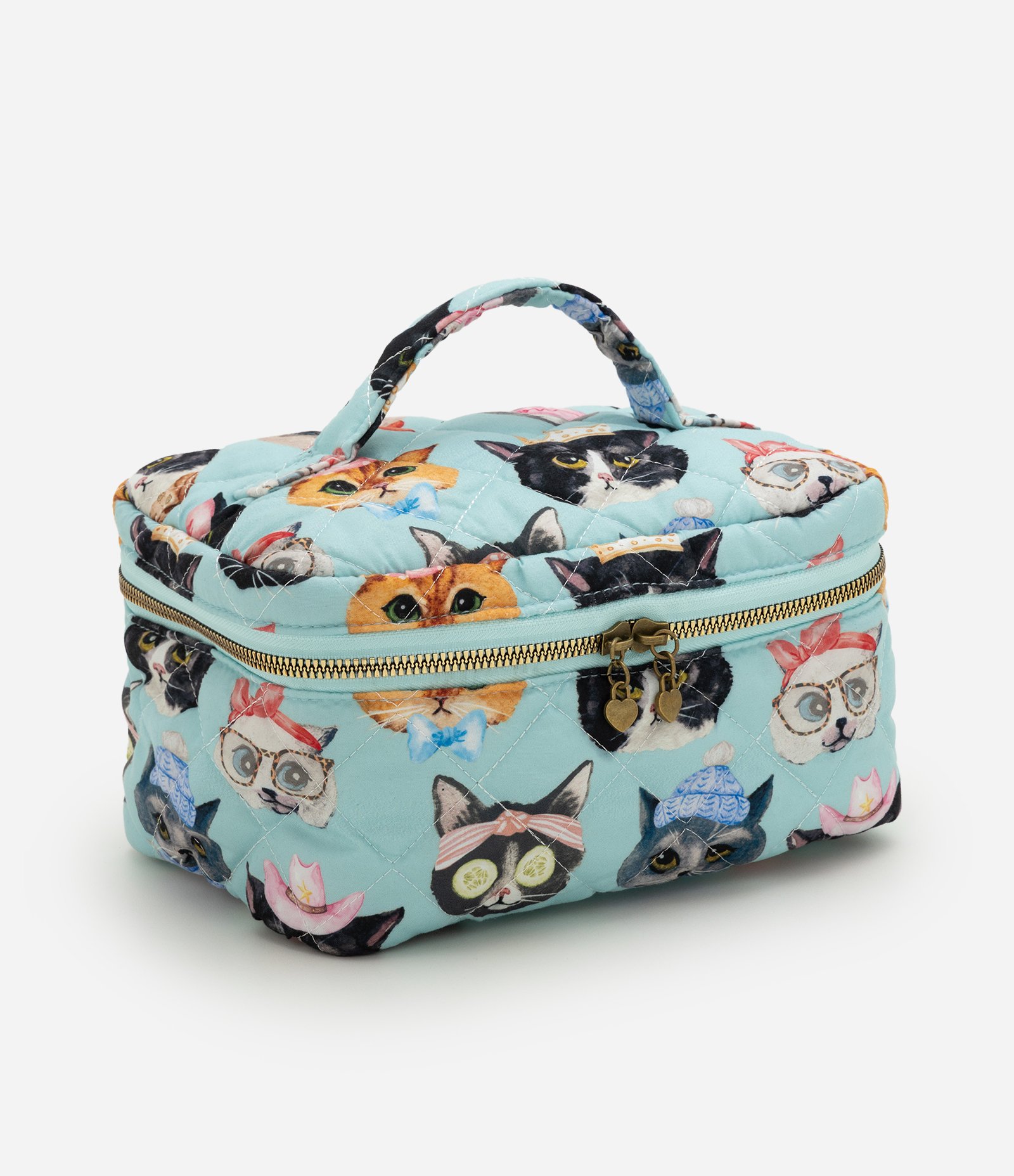 Necessaire Retangular Grande com Estampa de Gatos Verde 1