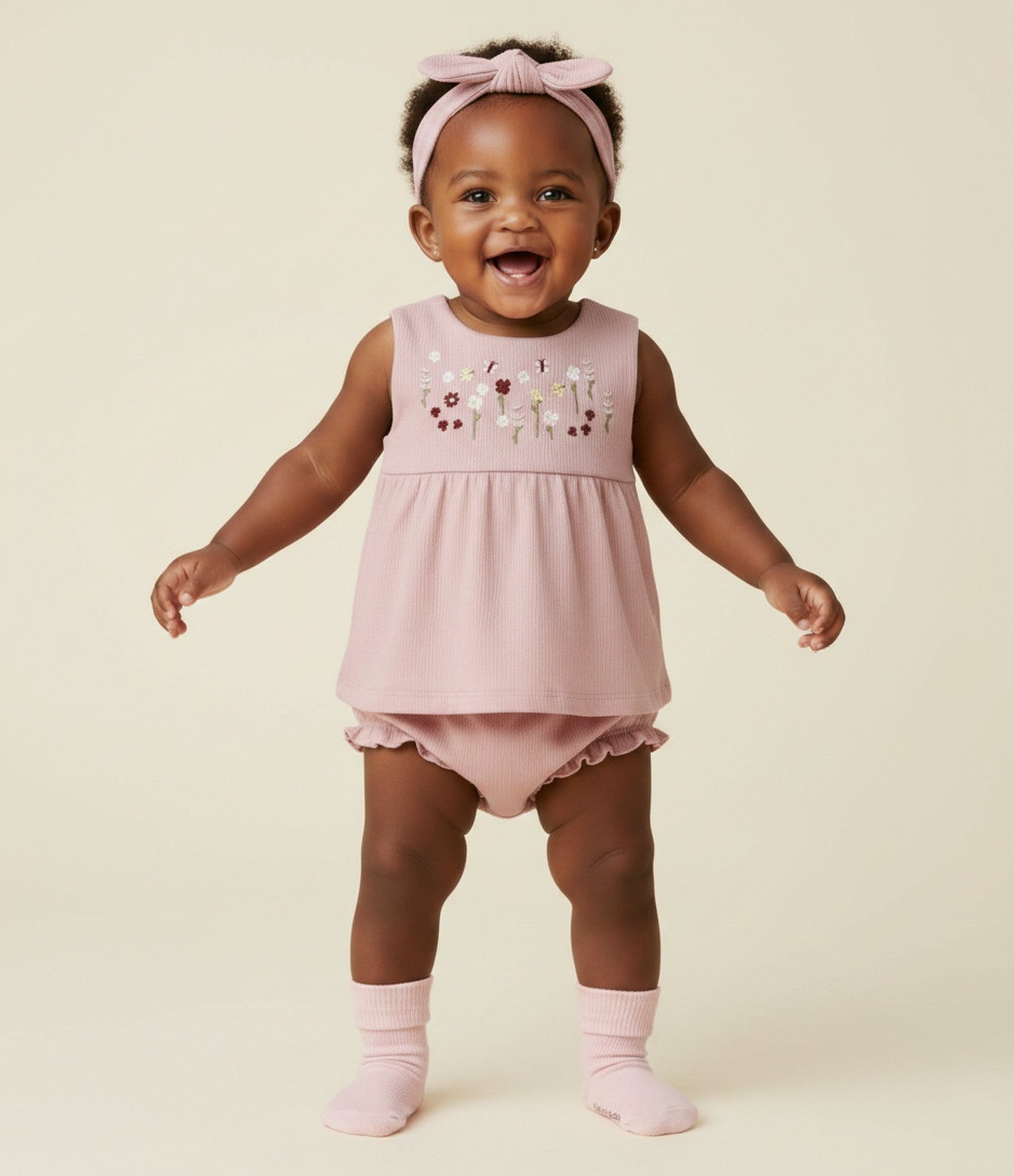 Conjunto Infantil em Anarruga com Bordado Floral – Tam 0 a 18 Meses Rosa 1