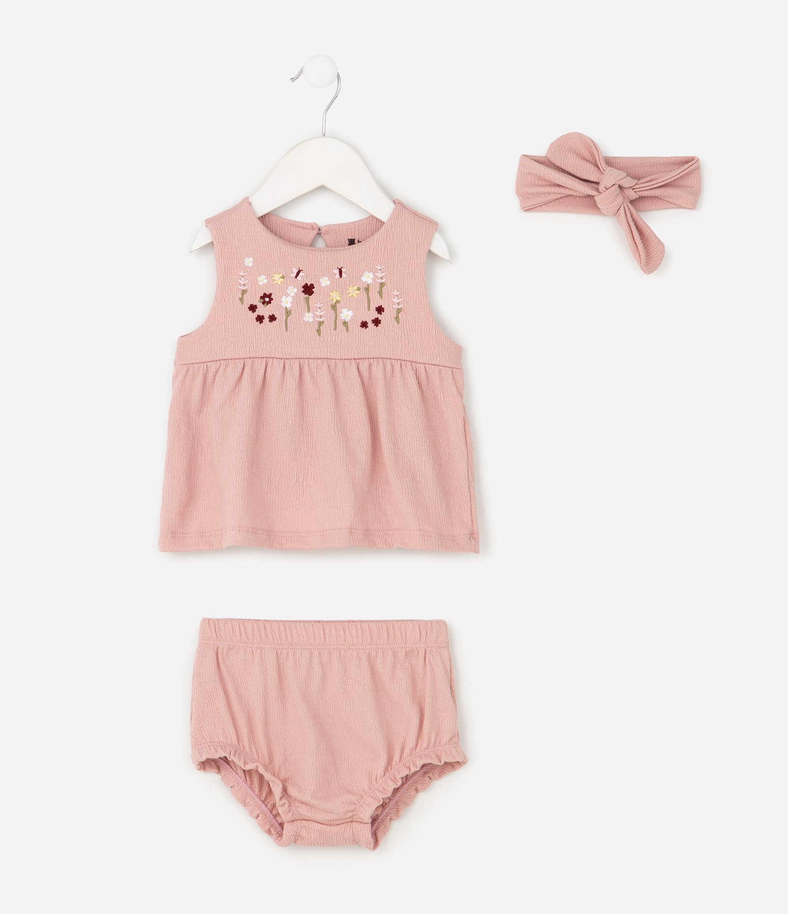 Conjunto Infantil em Anarruga com Bordado Floral – Tam 0 a 18 Meses Rosa 2