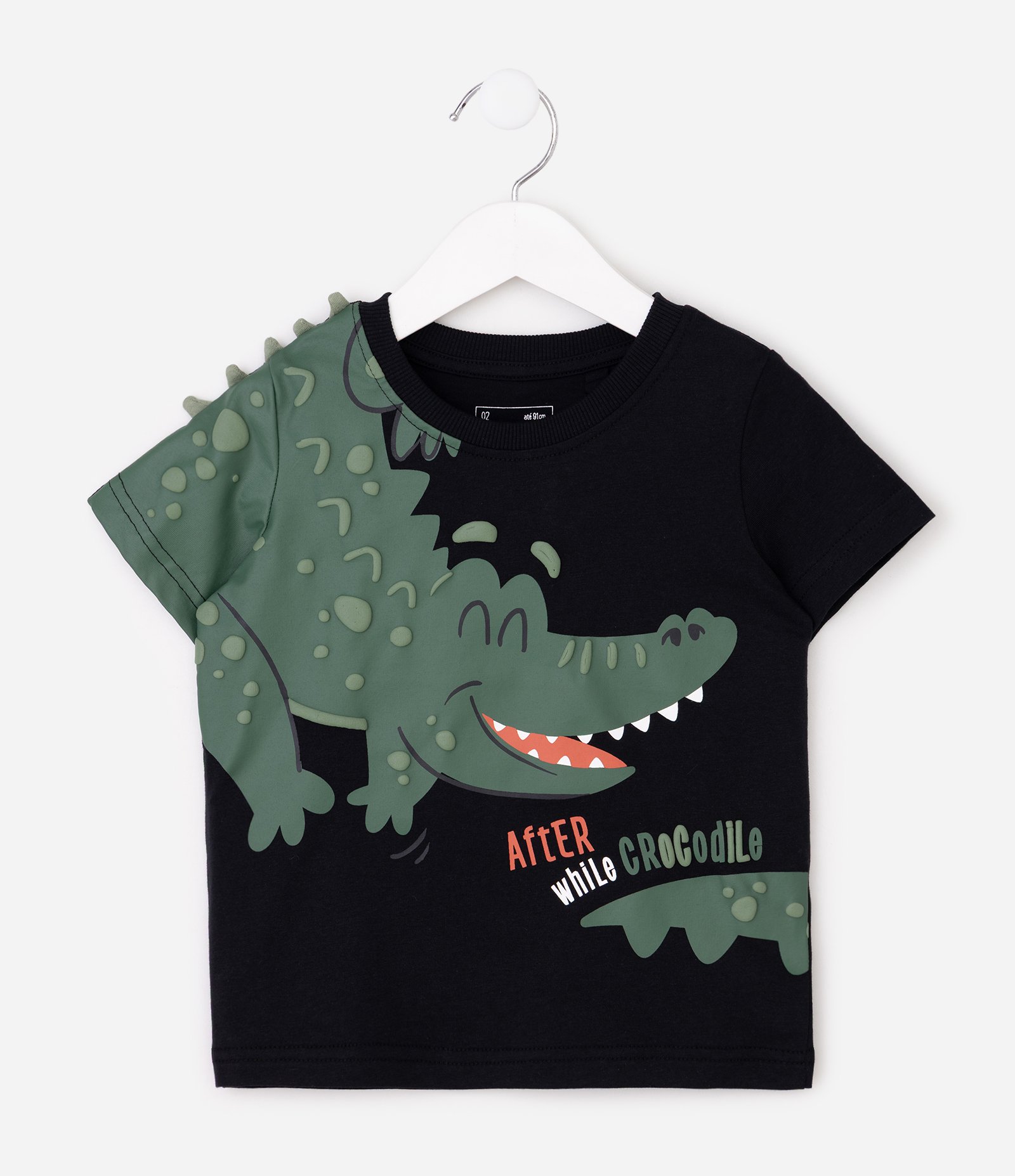 Camiseta Infantil com Estampa Interativa de Jacaré - Tam 1 a 6 Anos Preto 1