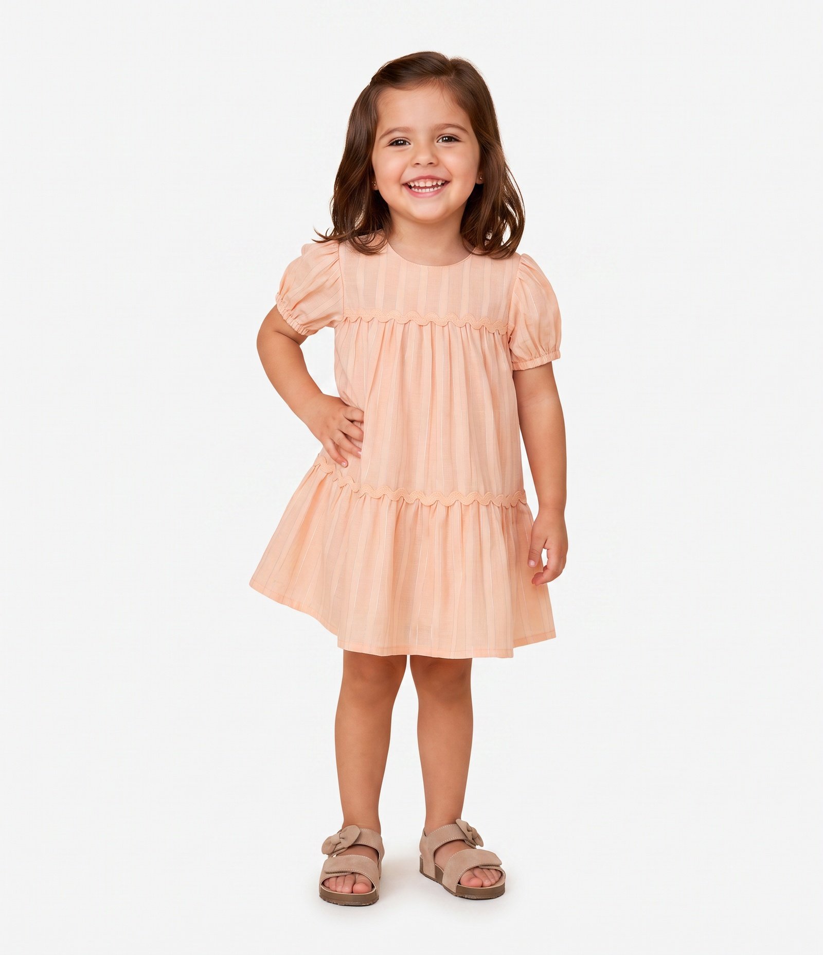 Vestido Infantil em Tricoline com Recortes Marias – Tam 1 a 6 Anos Rosê Claro 1