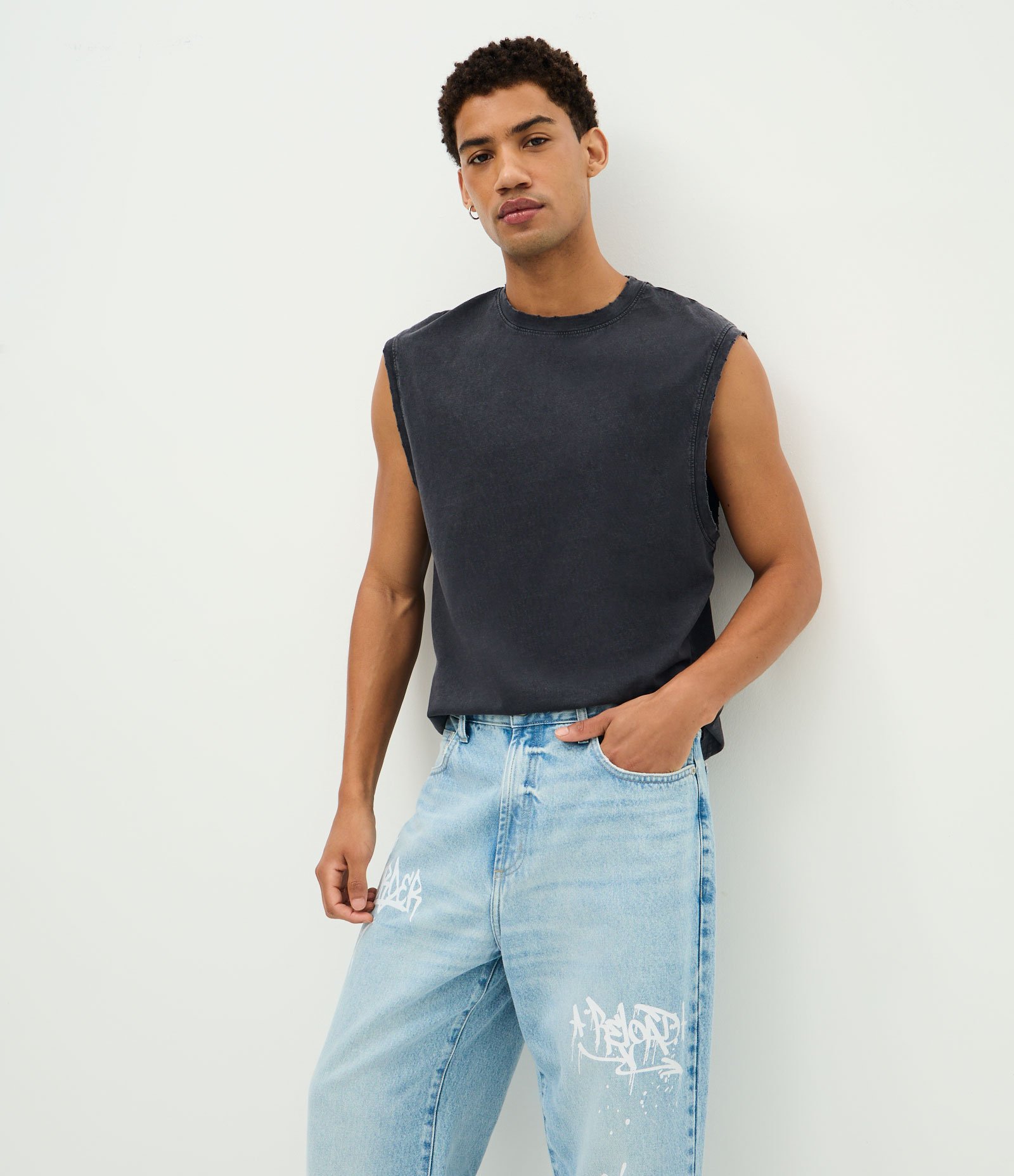 Calça Baggy em Jeans com Lettering Grafite Azul 3